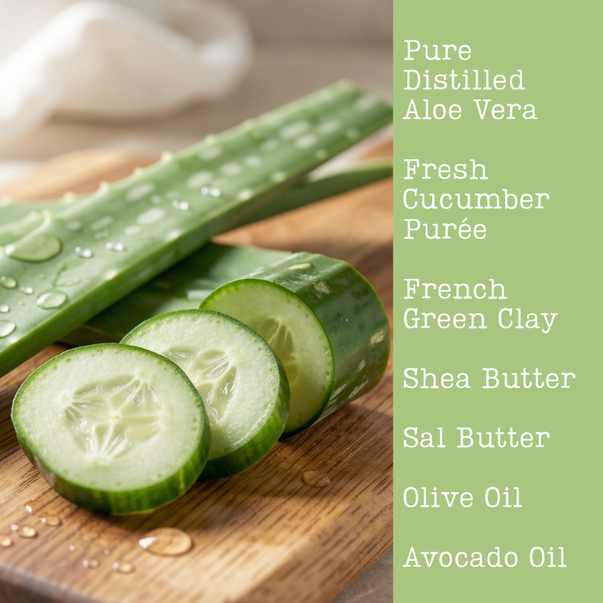 Sliced cucumbers and aloe vera on a wooden board with a list of soap ingredients on the right.