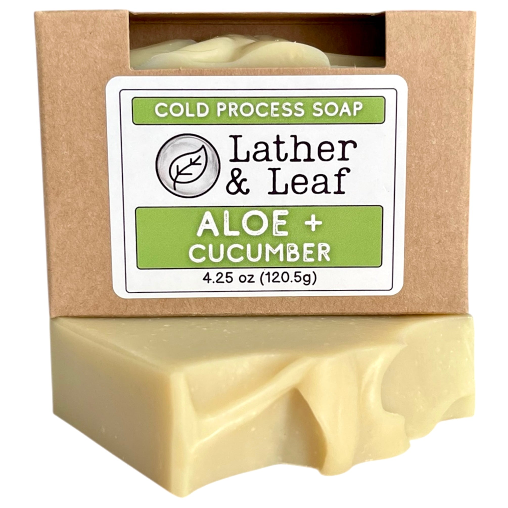 Bar of Aloe and Cucumber soap in a box with 'Lather & Leaf' packaging on a white background