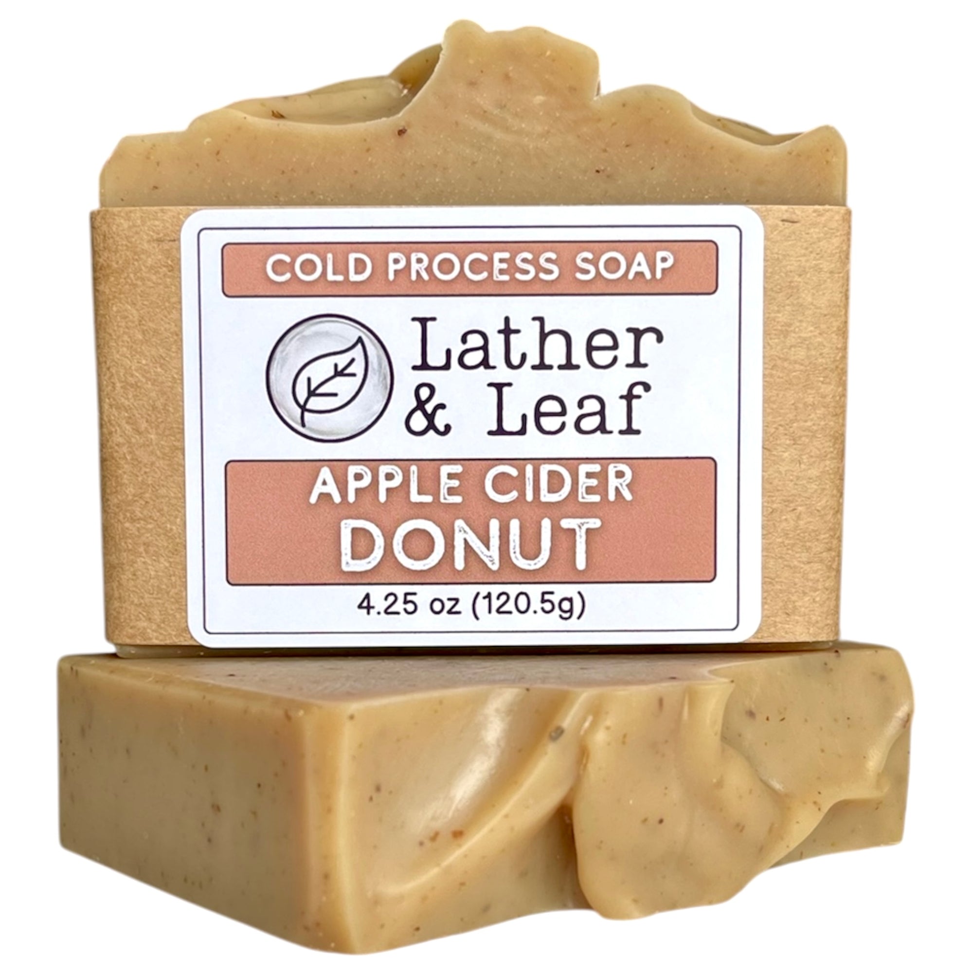 Bar of Apple Cider Donut soap with 'Lather & Leaf' label on a white background