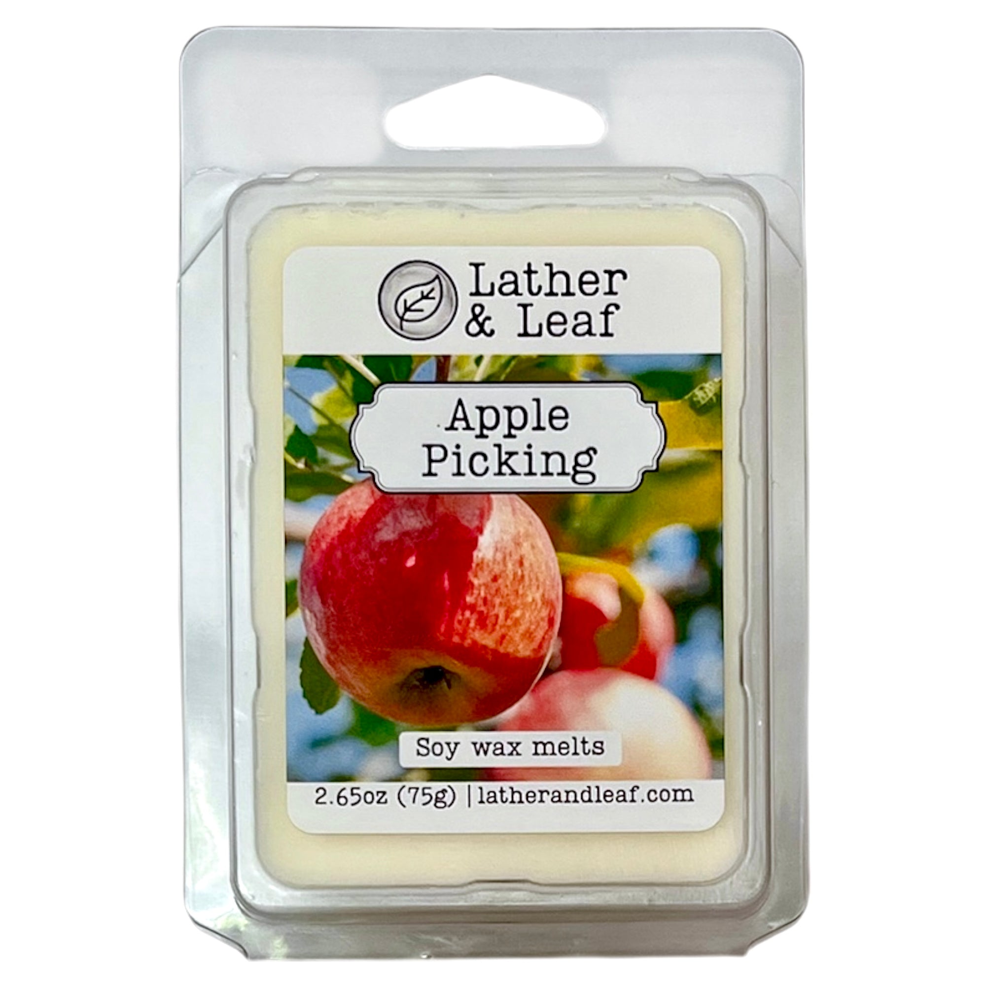 Lather & Leaf Apple Picking soy wax melts packaging with apples on a white background