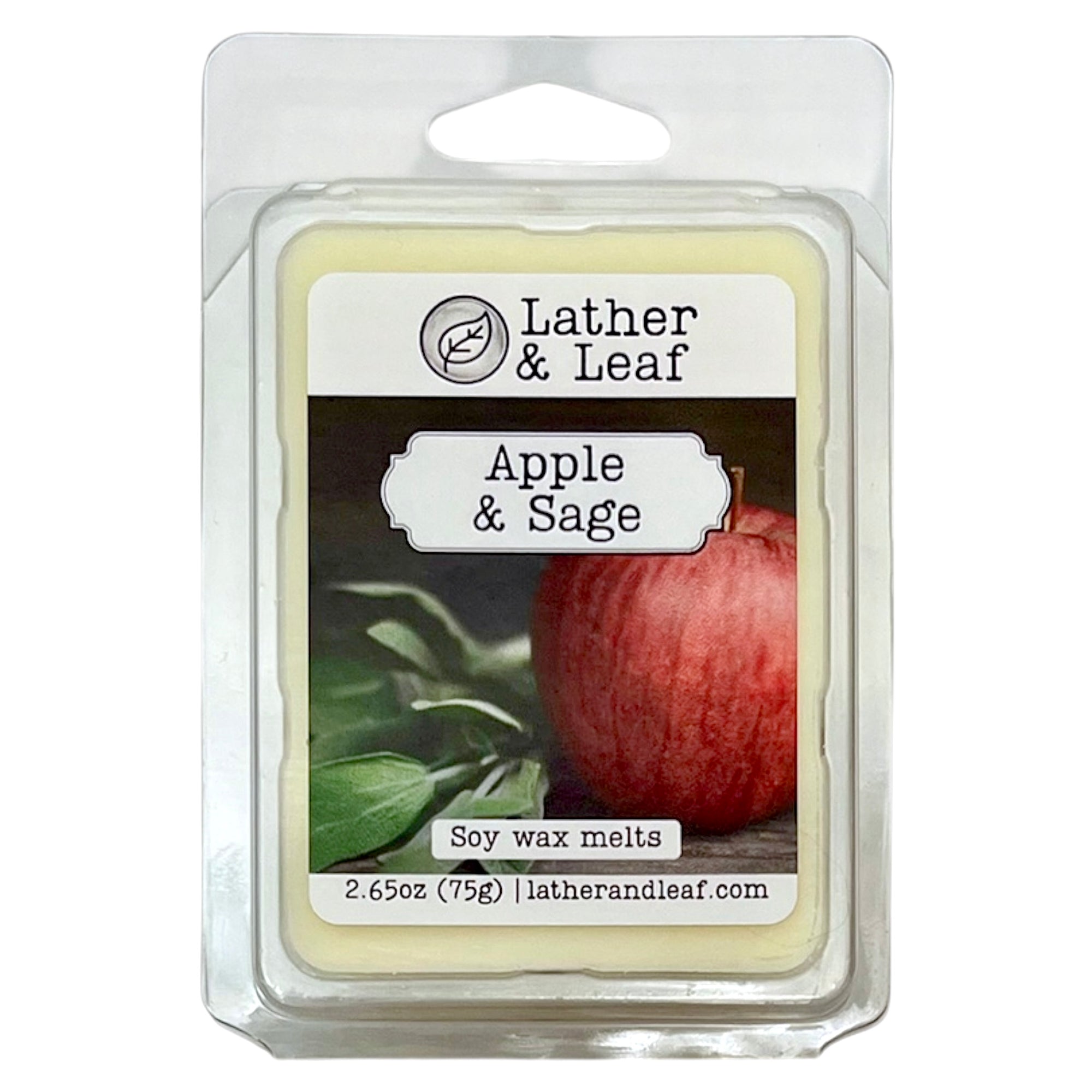 Pack of Lather & Leaf Apple & Sage soy wax melts with an apple and leaf design on a white background.