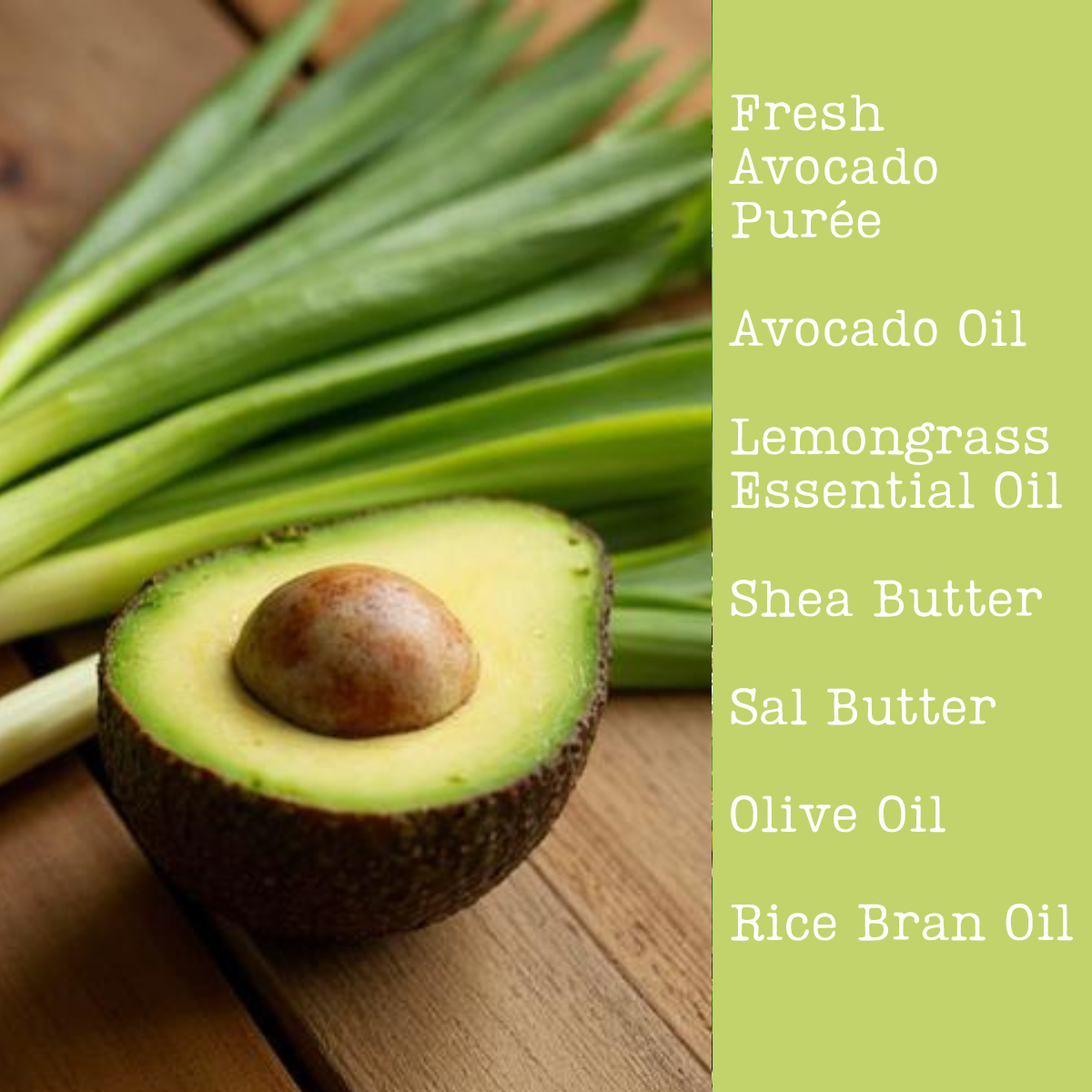 Half-cut avocado on a wooden surface with lemongrass and a list of soap ingredients on the right.