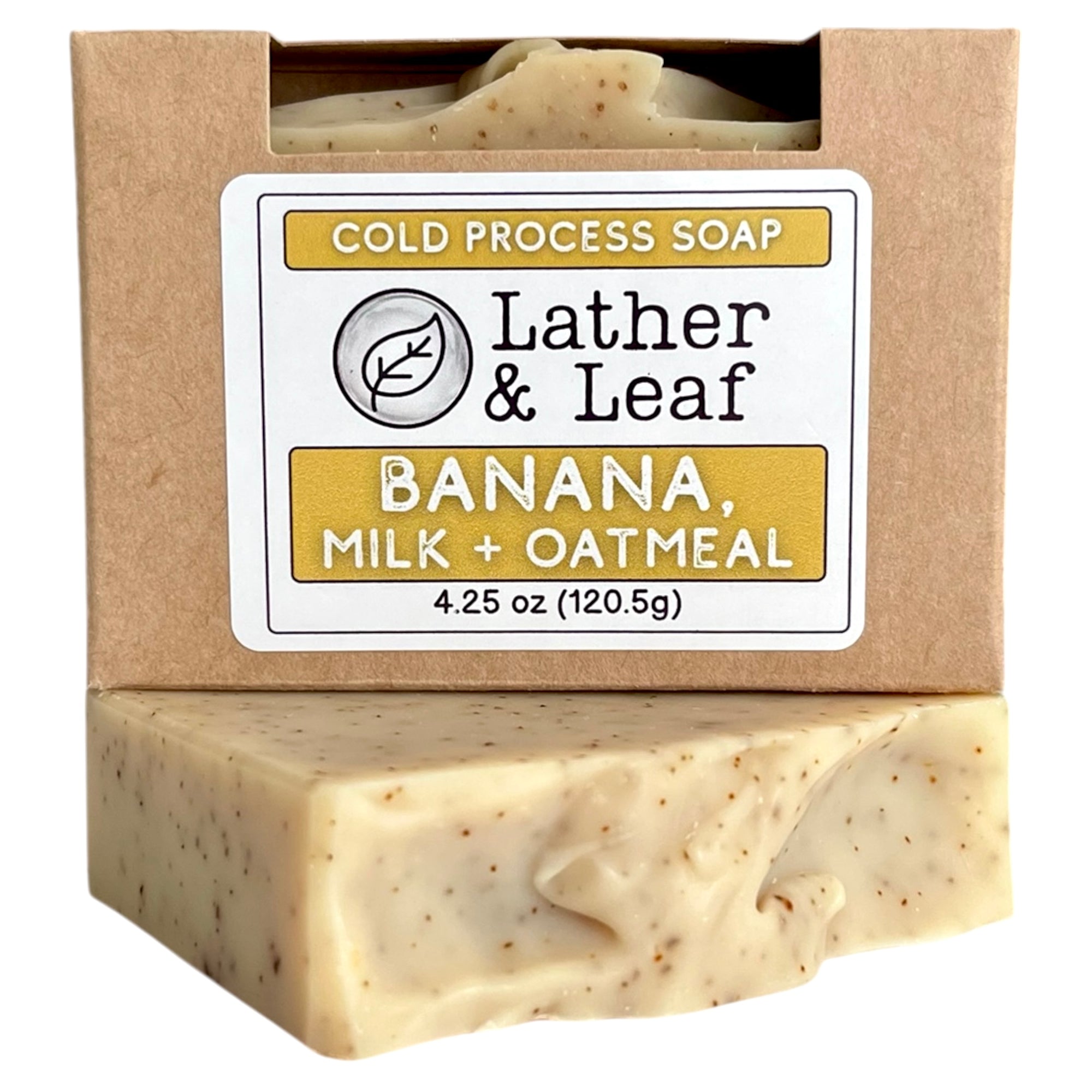 Bar of banana soap in a box with 'Lather & Leaf' branding on a white background