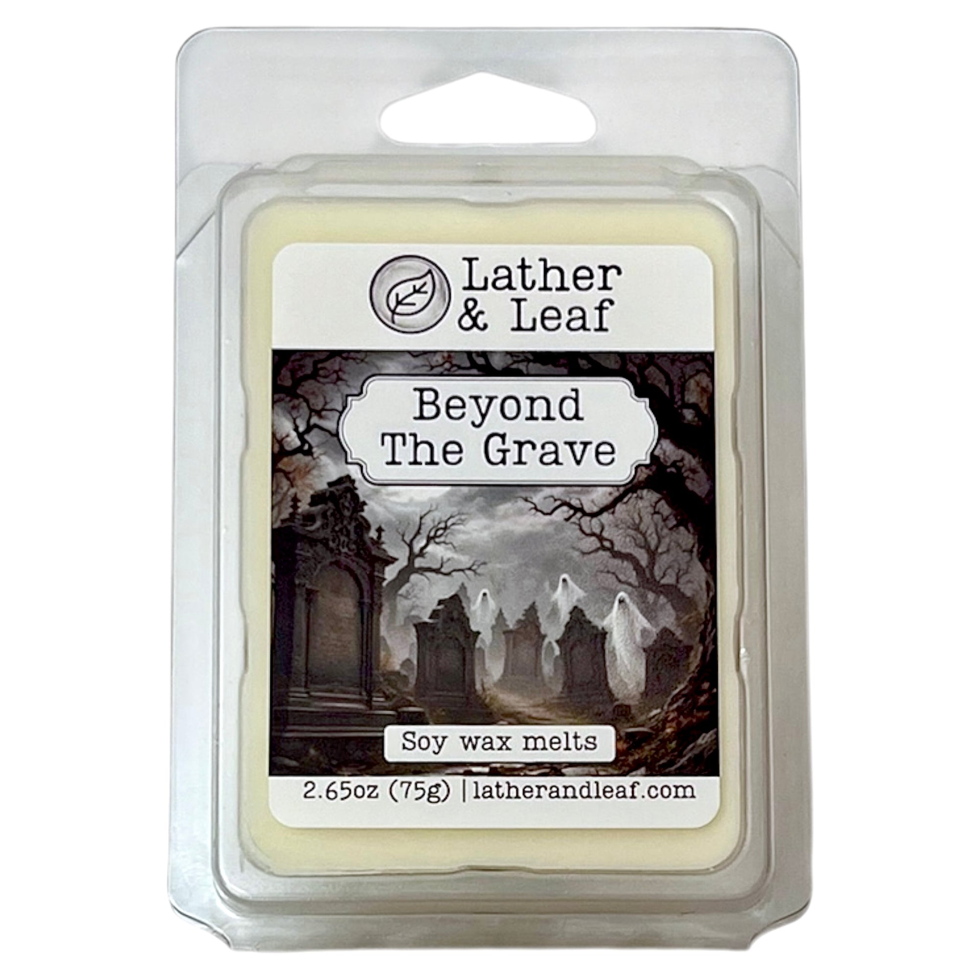 Lather & Leaf soy wax melts packaging with 'Beyond The Grave' design on a white background