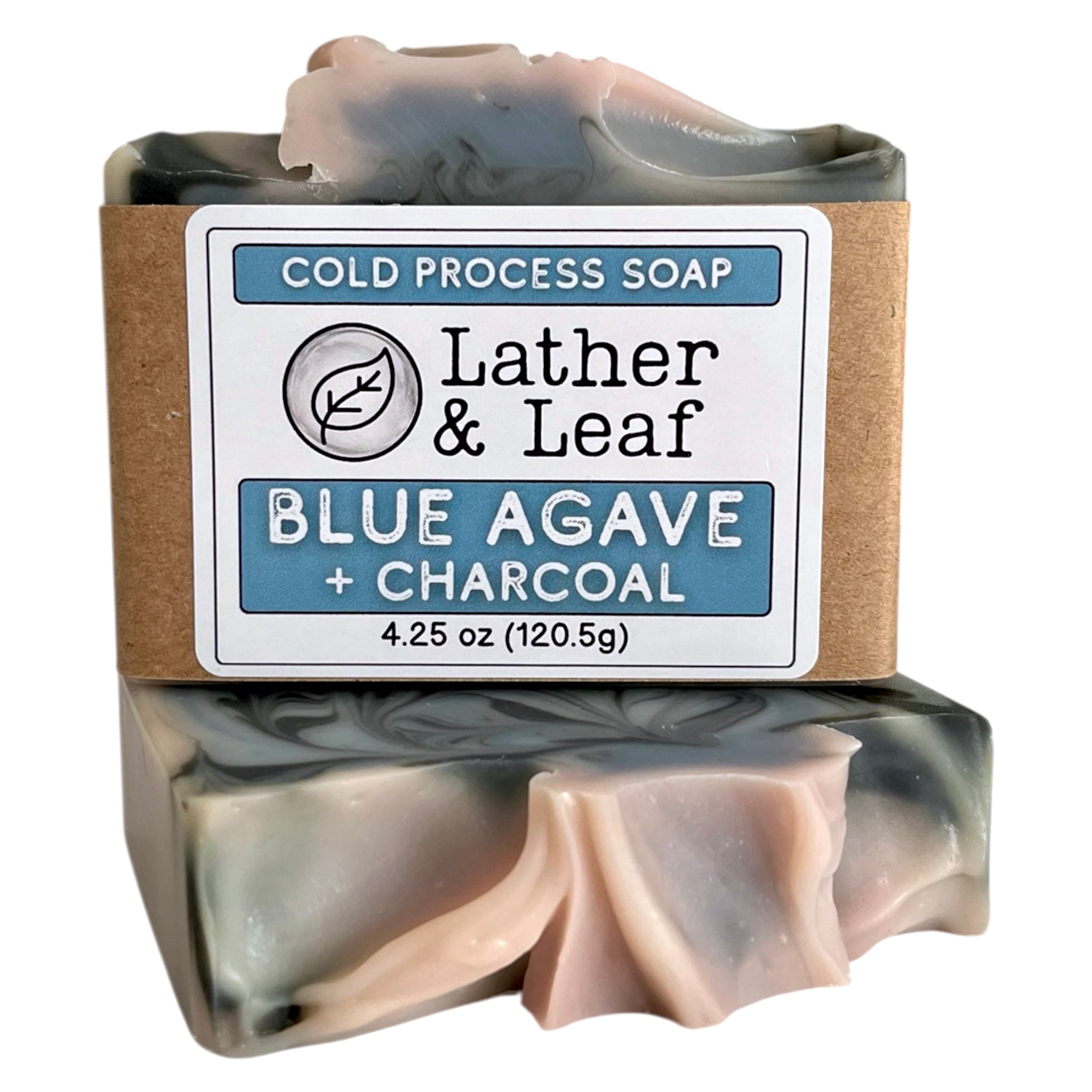 Blue Agave and Charcoal cold process soap bar in a boxwith 'Lather & Leaf' label on a white background