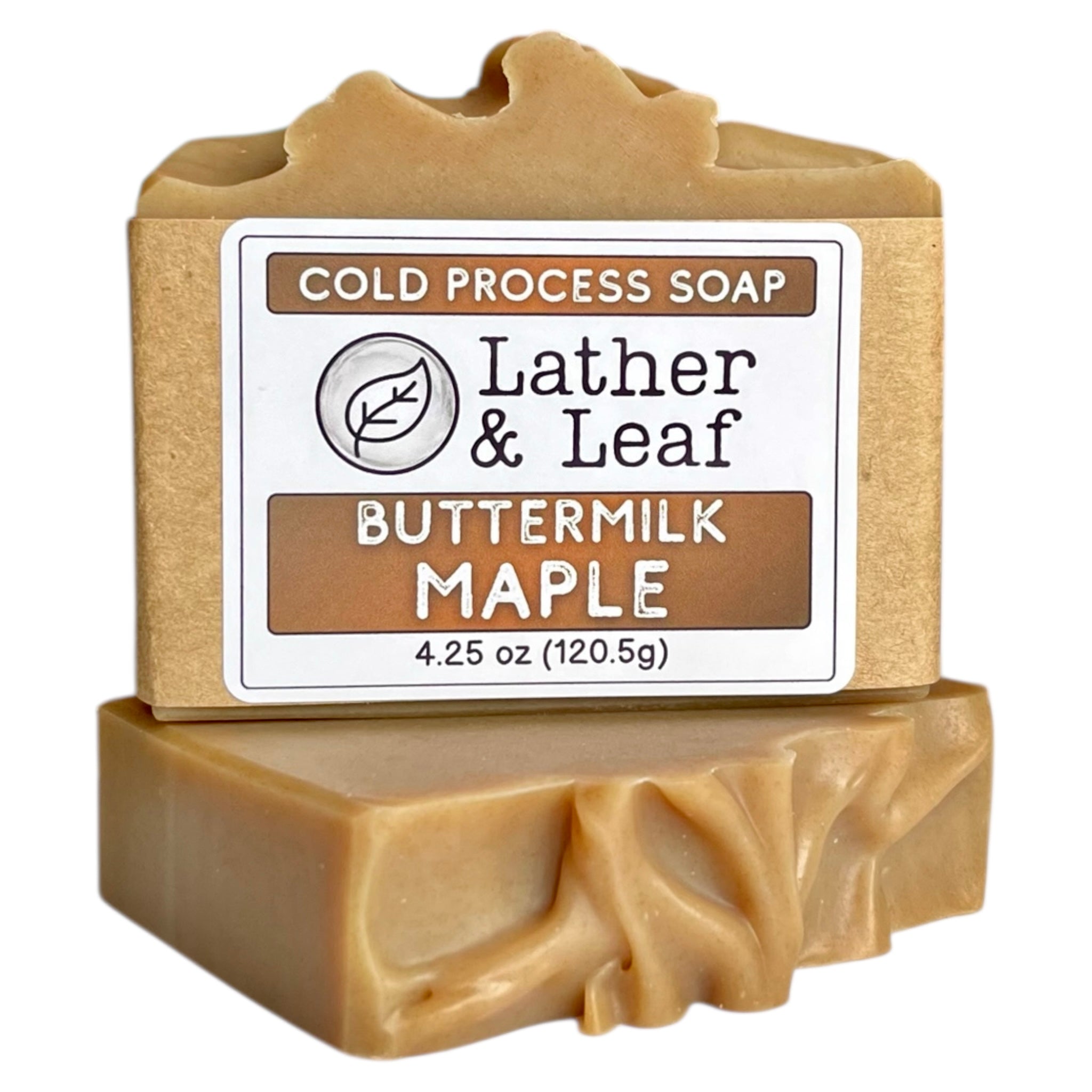 Bars of soap with 'Lather & Leaf' branding on a white background