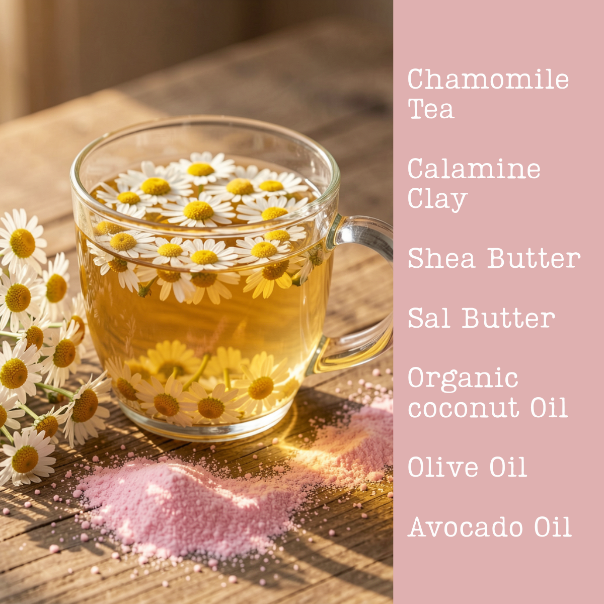 Glass of chamomile tea with flowers on a wooden surface, next to a list of soap ingredients.