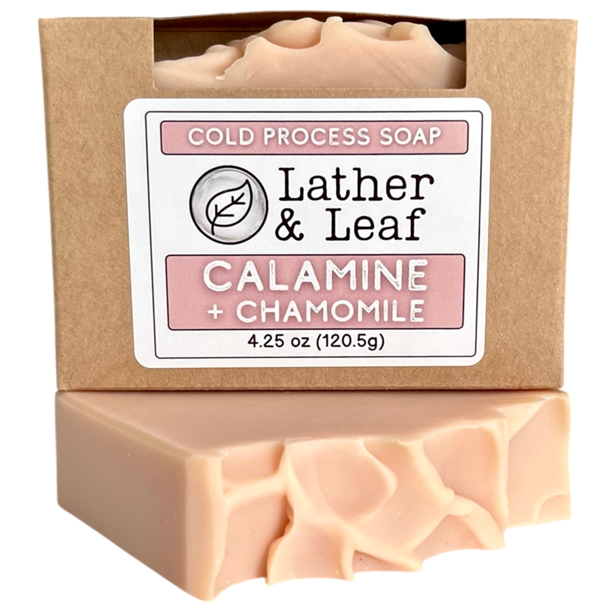 A bar of Calamine and Chamomile soap in a box with Lather and Leaf branding
