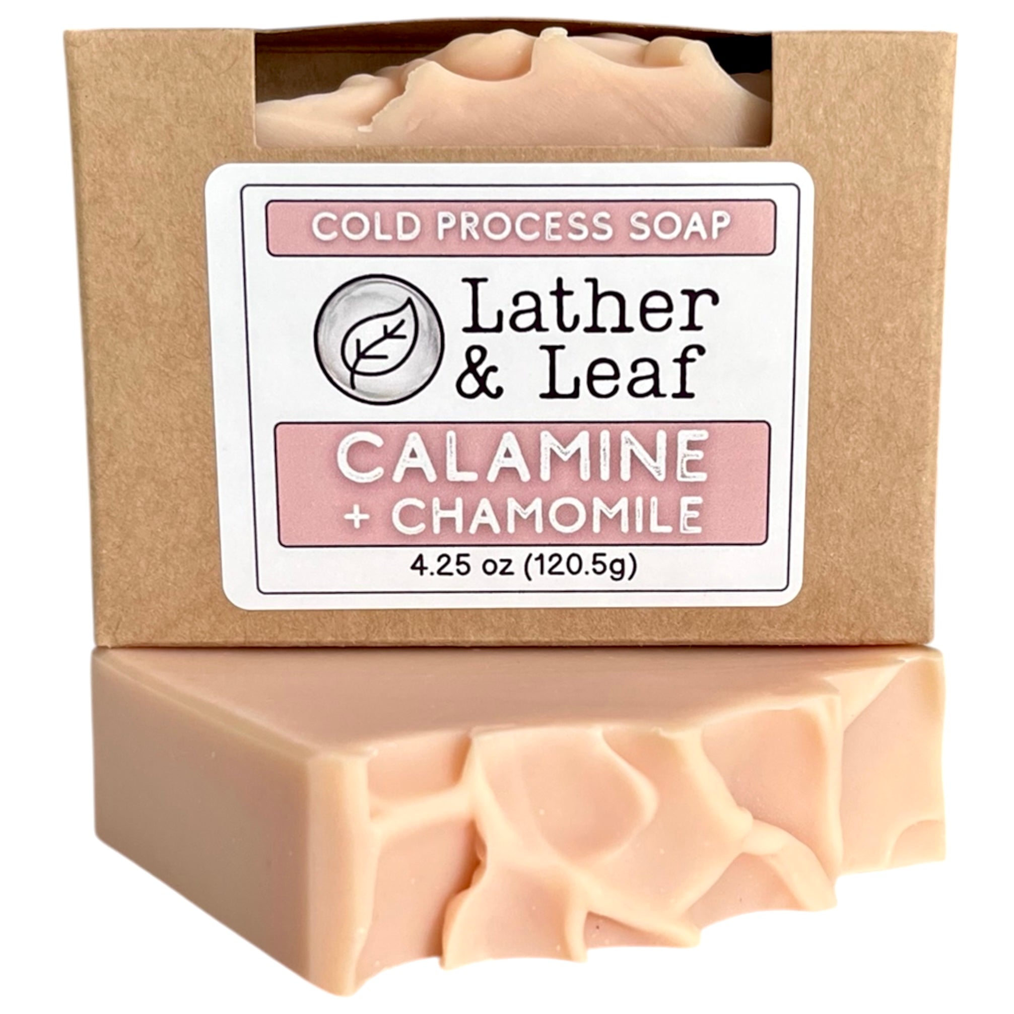 A bar of Calamine and Chamomile soap in a box with Lather and Leaf branding