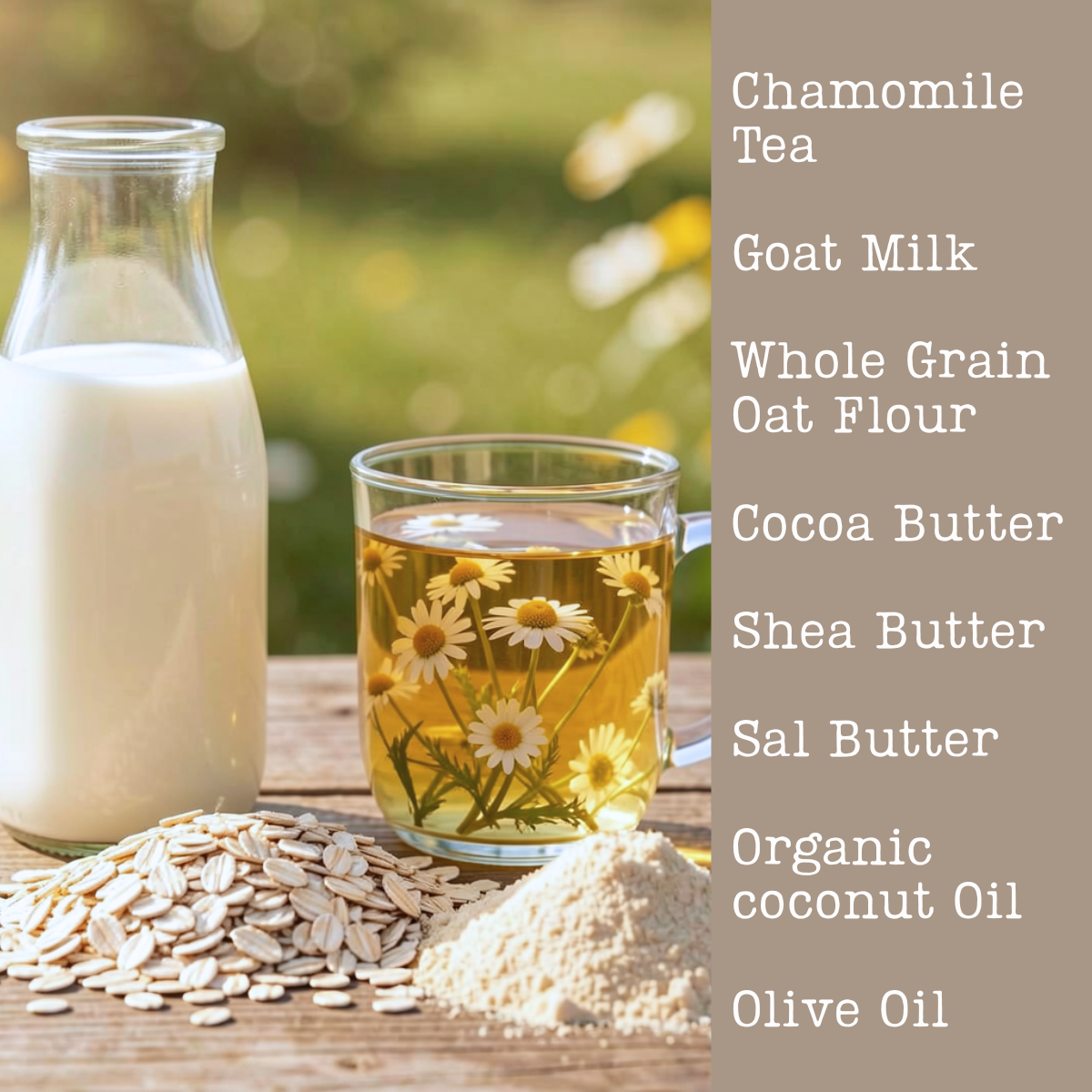 Glass of chamomile tea with flowers, bottle of milk, oats and soap ingredients listed on a wooden surface.