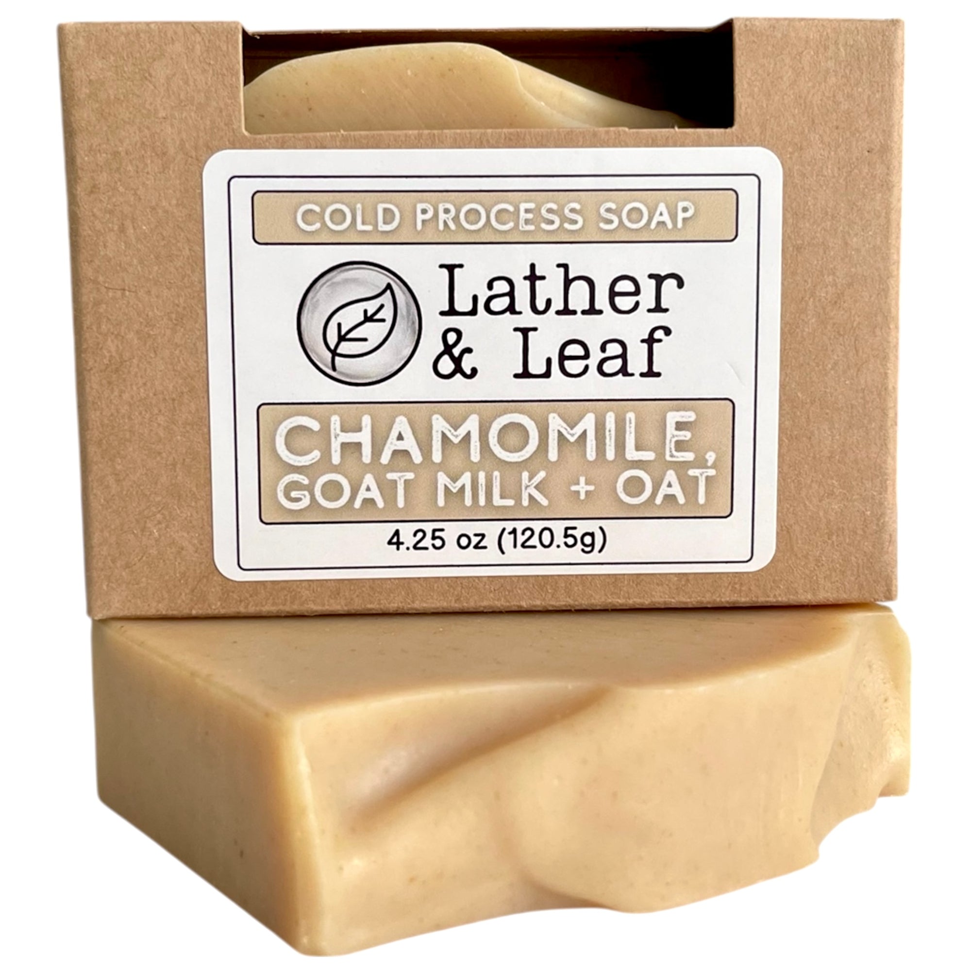 Bar of soap in a box with 'Lather & Leaf' label on a white background