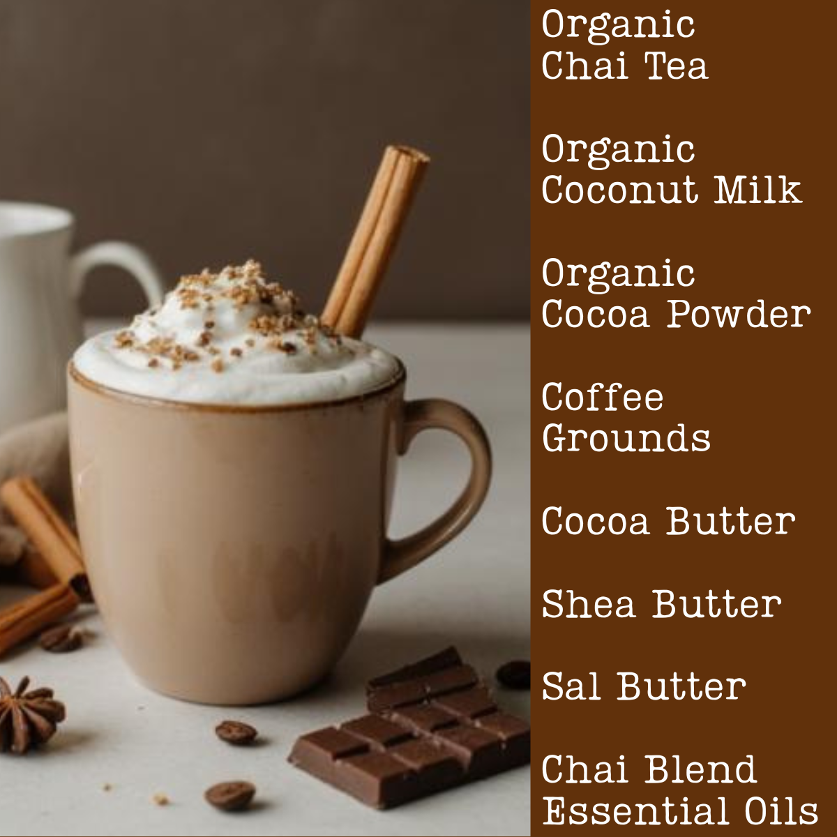 Mug with whipped cream, cinnamon stick, and coffee grounds on a table with a list of soap ingredients on a brown background.