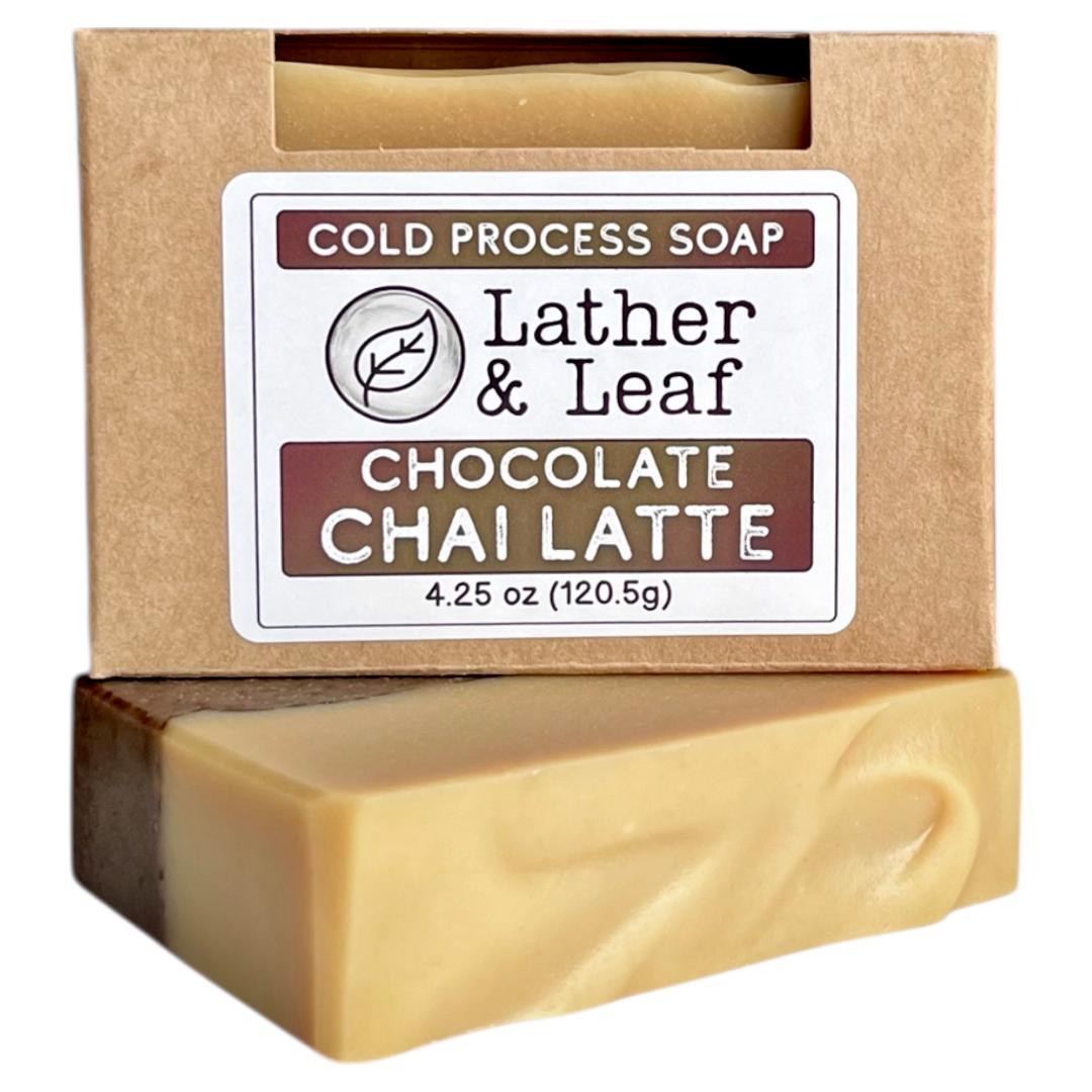 Bar of soap with 'Lather & Leaf' packaging on a white background