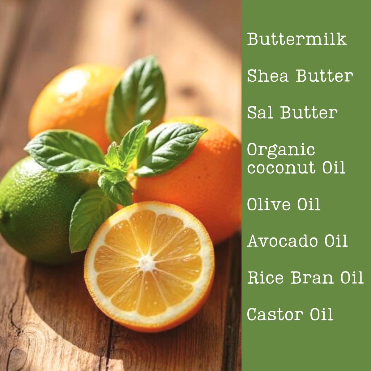 Oranges, lime, and basil leaves on a wooden surface with a list of oils for soap ingredients on the side.