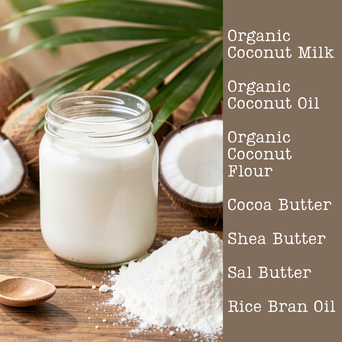Jar of organic coconut milk with coconuts on a wooden surface with soap ingredients on the right.
