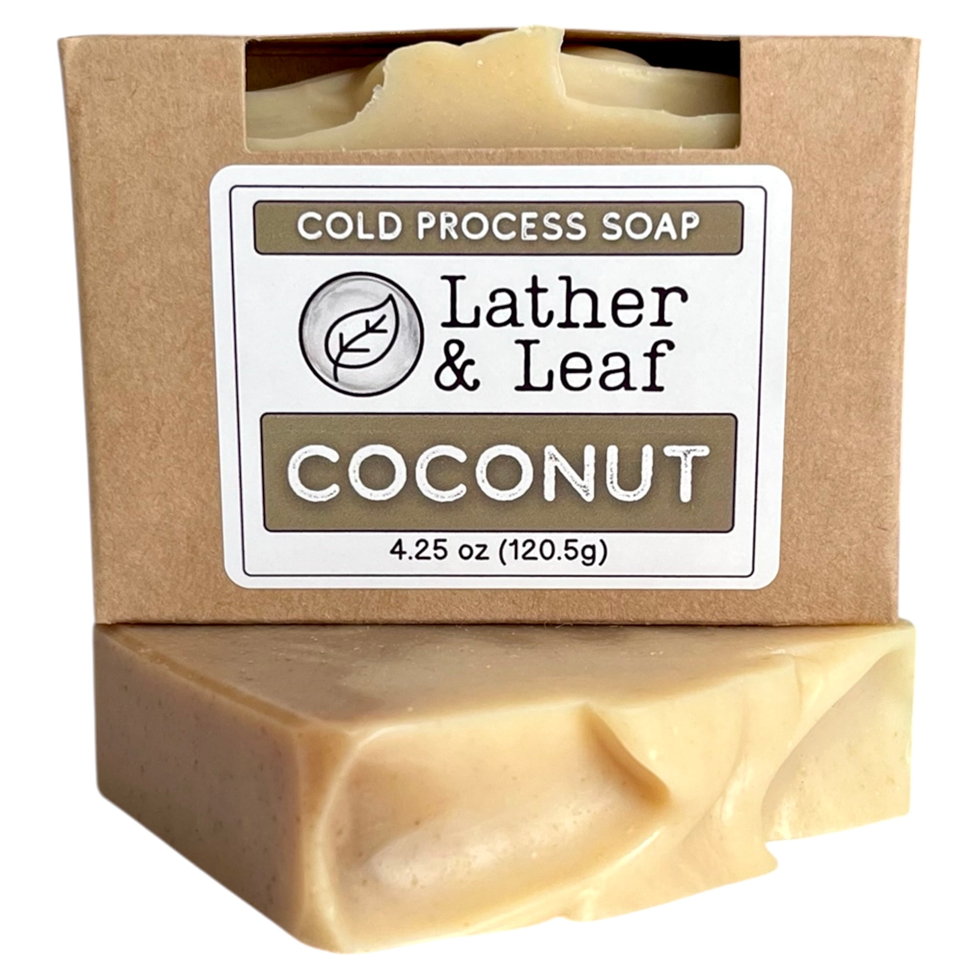 A soap box and bar of coconut soap with 'Lather & Leaf' branding on a white background