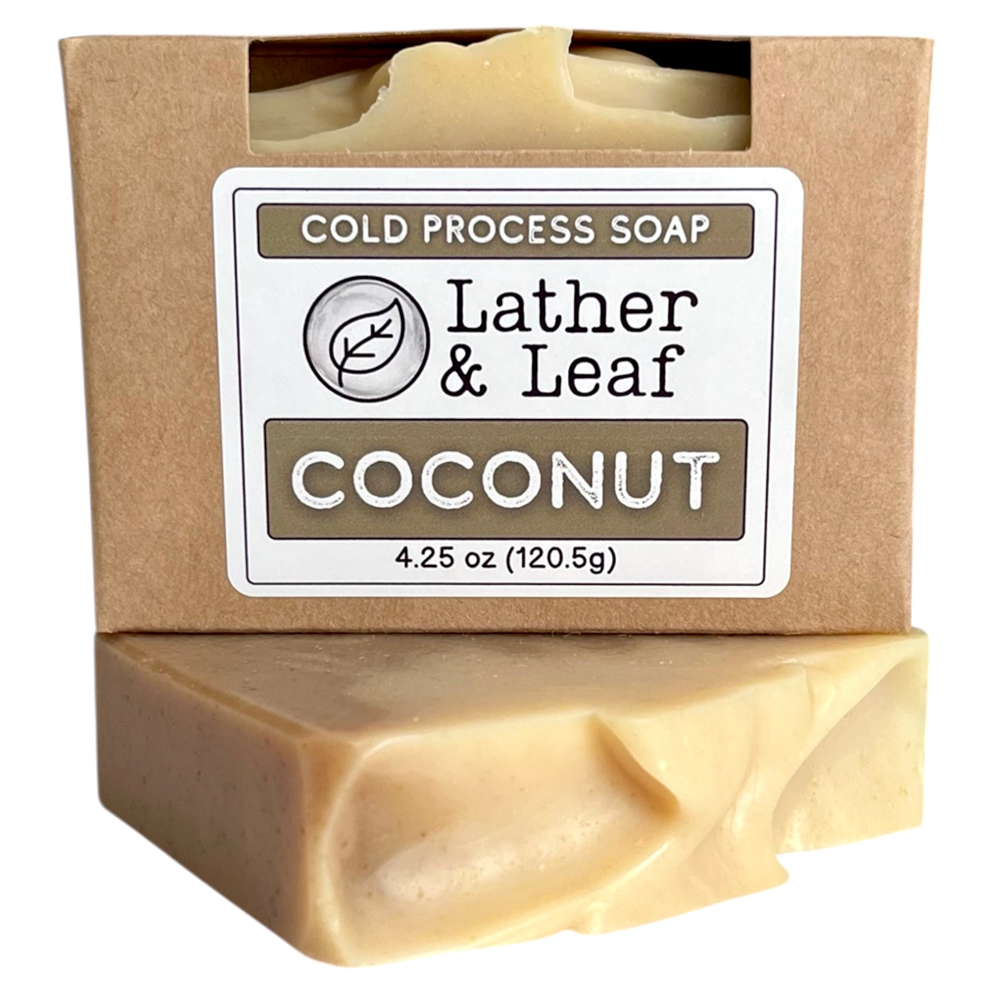 A soap box and bar of coconut soap with 'Lather & Leaf' branding on a white background