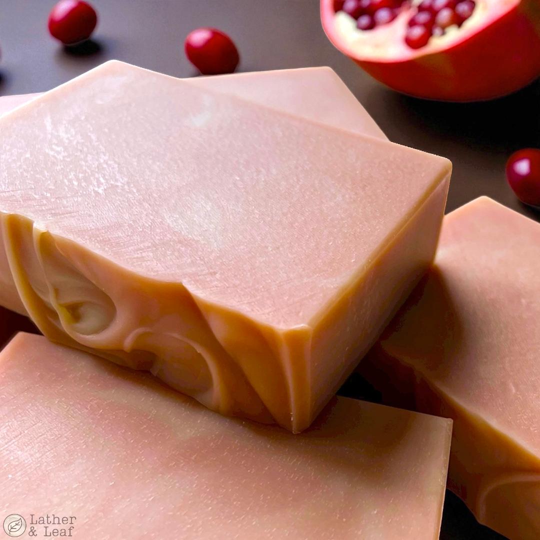 Close-up of pink soap bars with a blurred background featuring cranberries and a pomegranate.