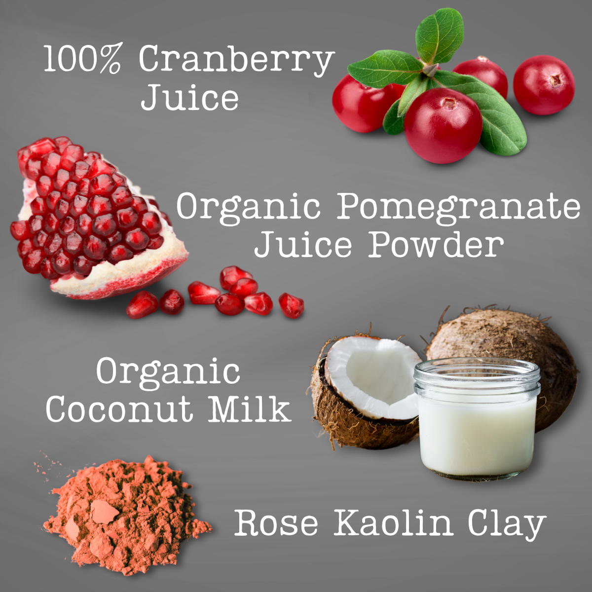 Ingredients including cranberries, pomegranate, coconut milk, and rose kaolin clay on a gray background.