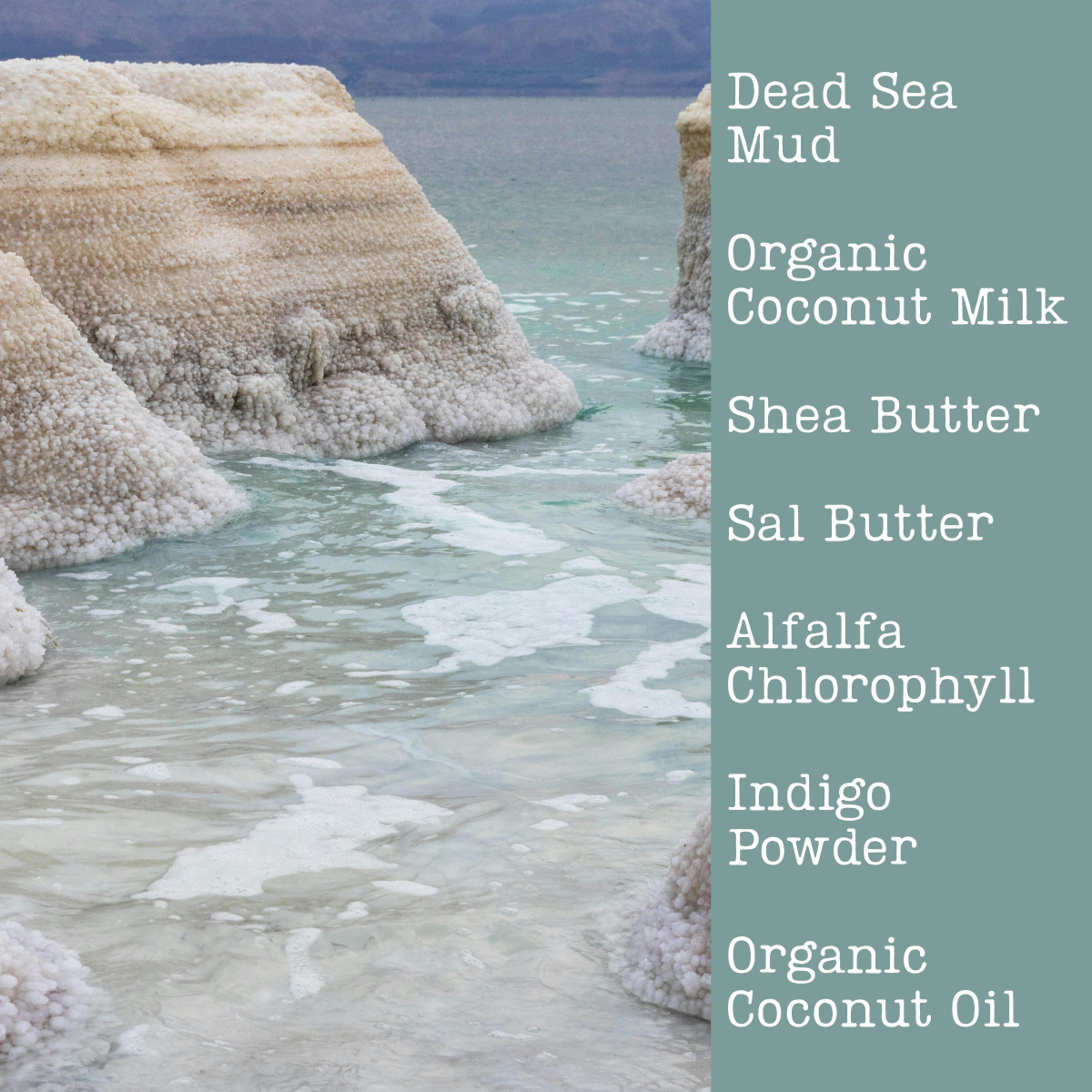 Dead Sea landscape with text of soap ingredients on the right.