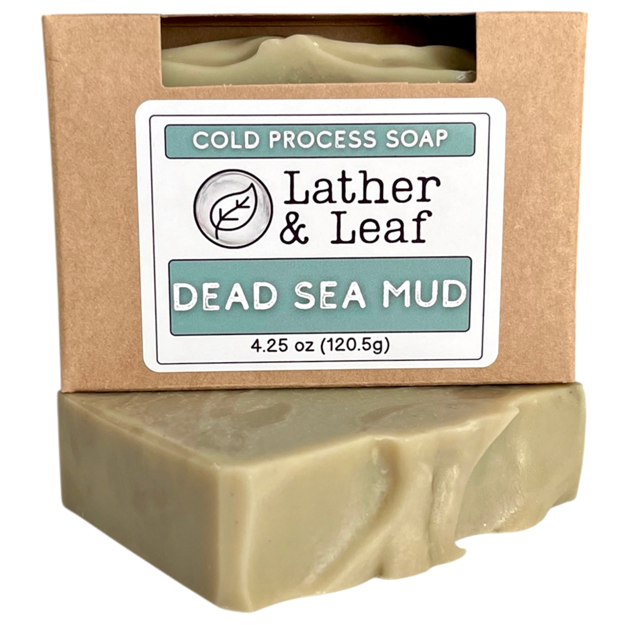 Bar of Dead Sea Mud soap in a box with 'Lather & Leaf' packaging on a white background