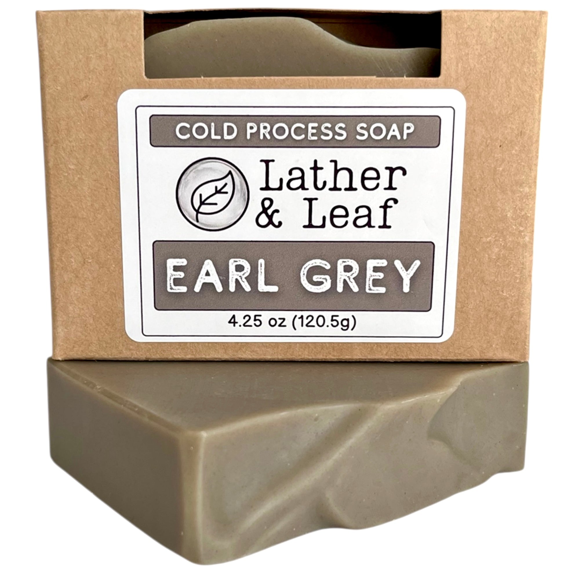 Earl Grey cold process soap bar in a box with 'Lather & Leaf' label on a white background