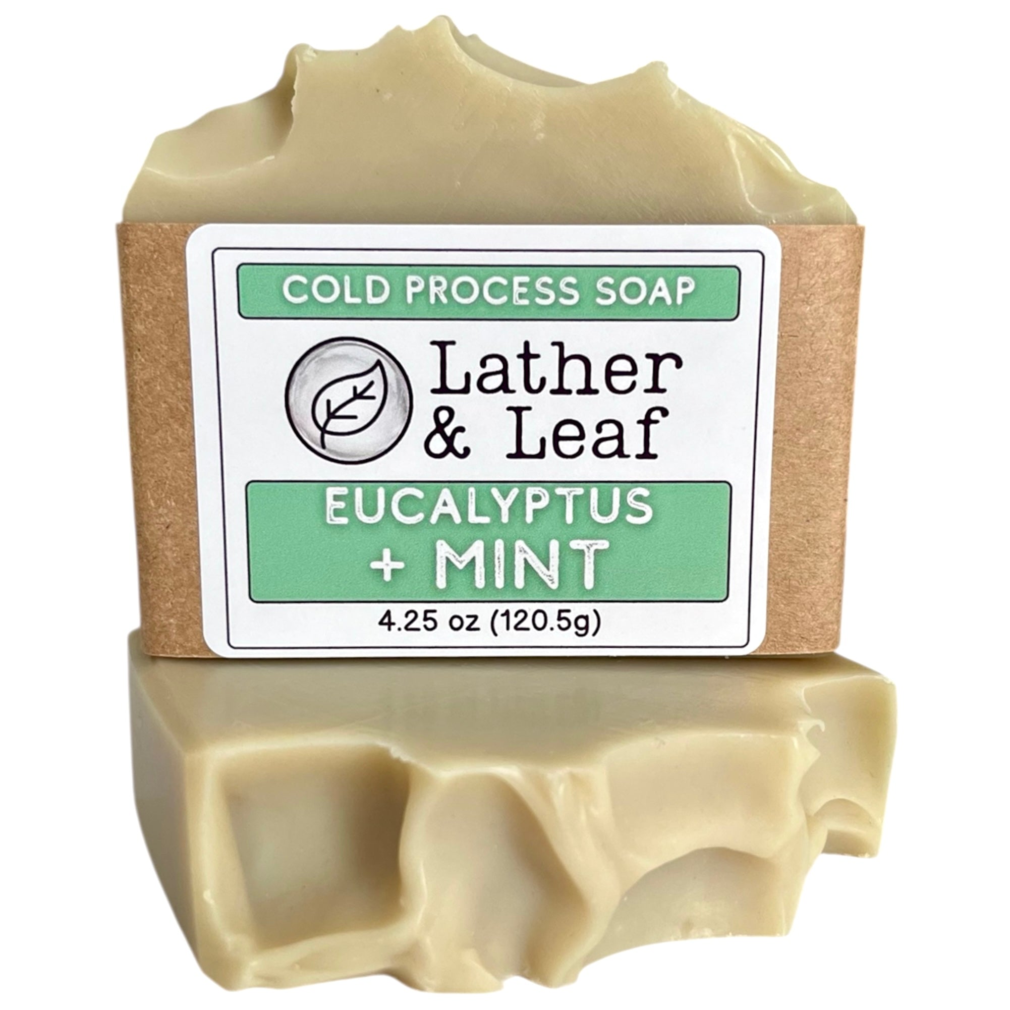 A bar of Eucalyptus Mint soap in a box with Lather and Leaf label