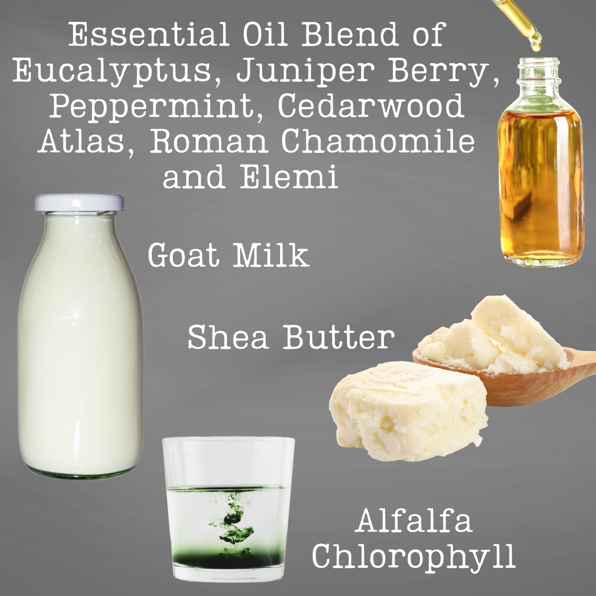 Ingredients for a natural soap with essential oils, goat milk, and shea butter on a gray background