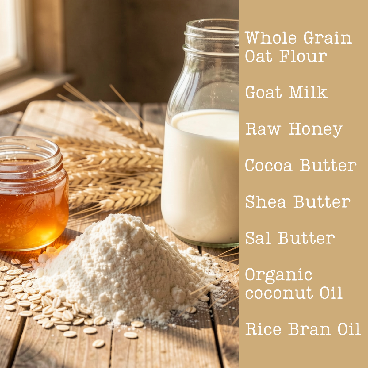 Ingredients of soap displayed on a wooden surface with soap ingredients listed on the right.