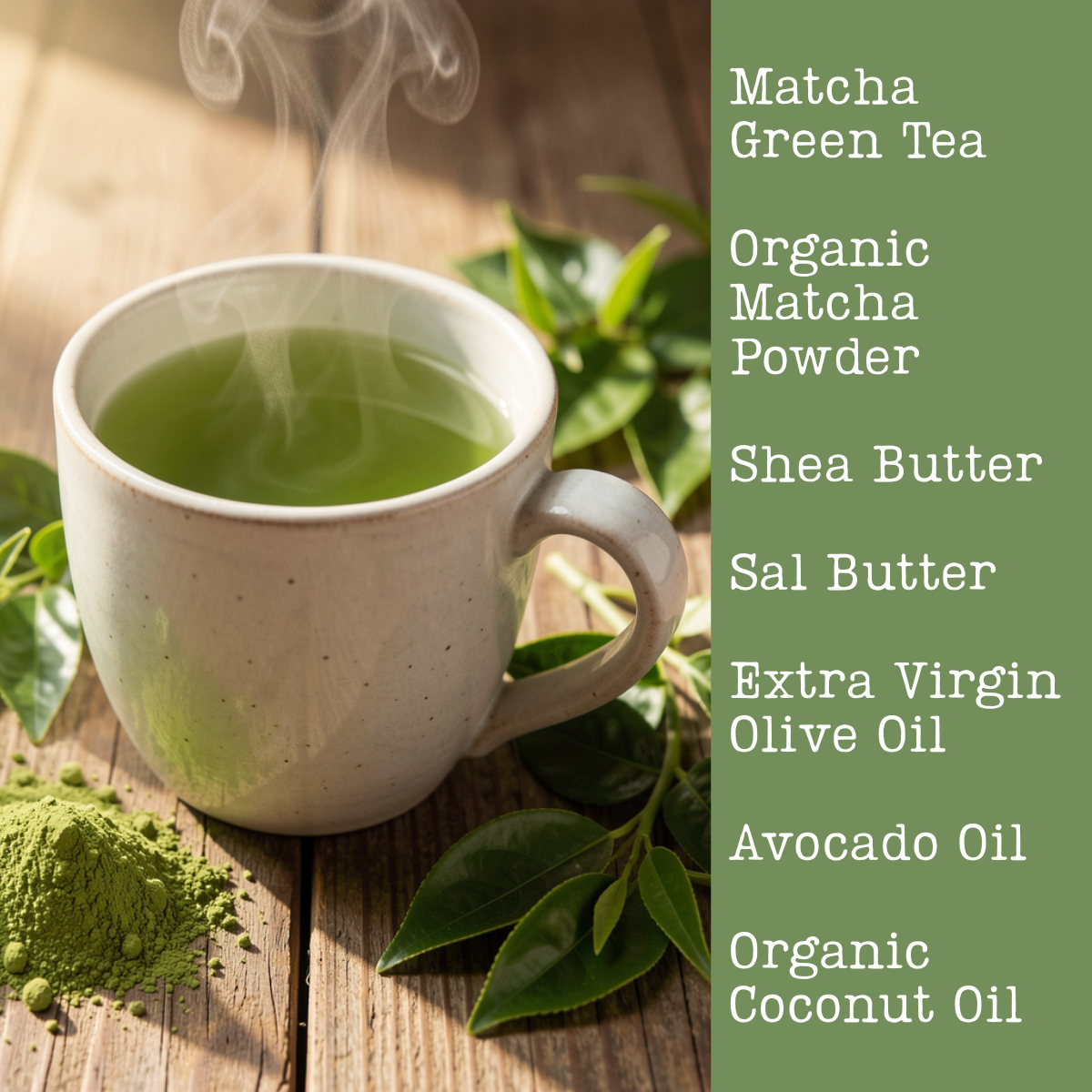 Steaming cup of green tea with matcha powder and leaves on a wooden surface, alongside a list of soap ingredients.