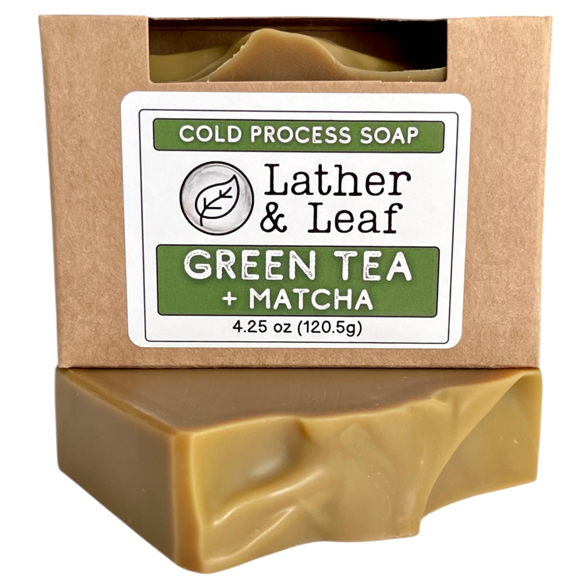 A bra of Green Tea and Matcha soap in a box with Lather and Leaf branding label