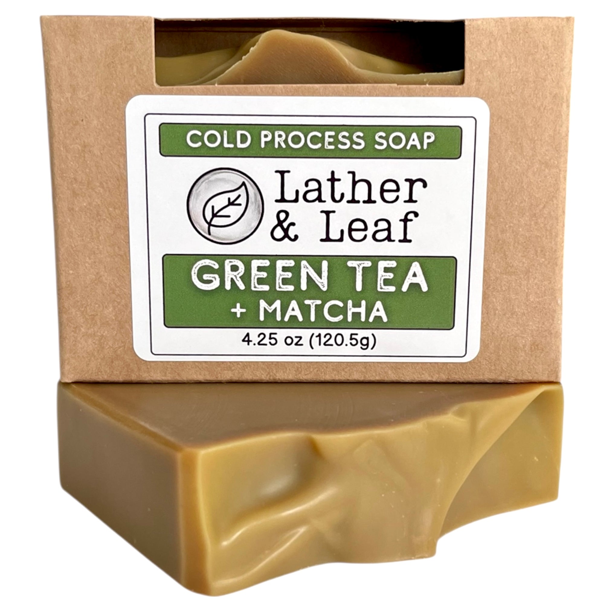 A bra of Green Tea and Matcha soap in a box with Lather and Leaf branding label