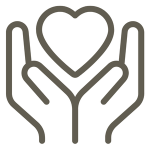 Outline of a heart shape above open hands on either side on a white background
