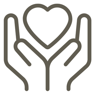 Outline of a heart shape above open hands on either side on a white background