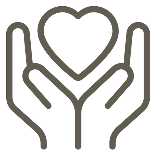 Outline of a heart shape above open hands on either side on a white background