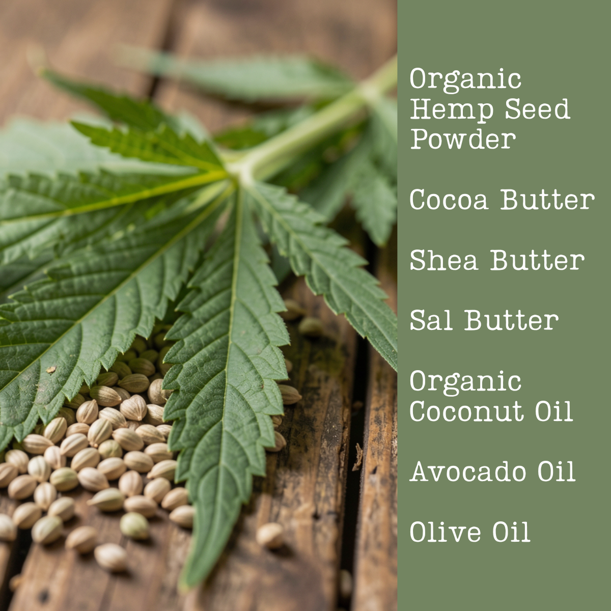 Hemp seeds and leaves on a wooden surface with a list of soap ingredients on the right.