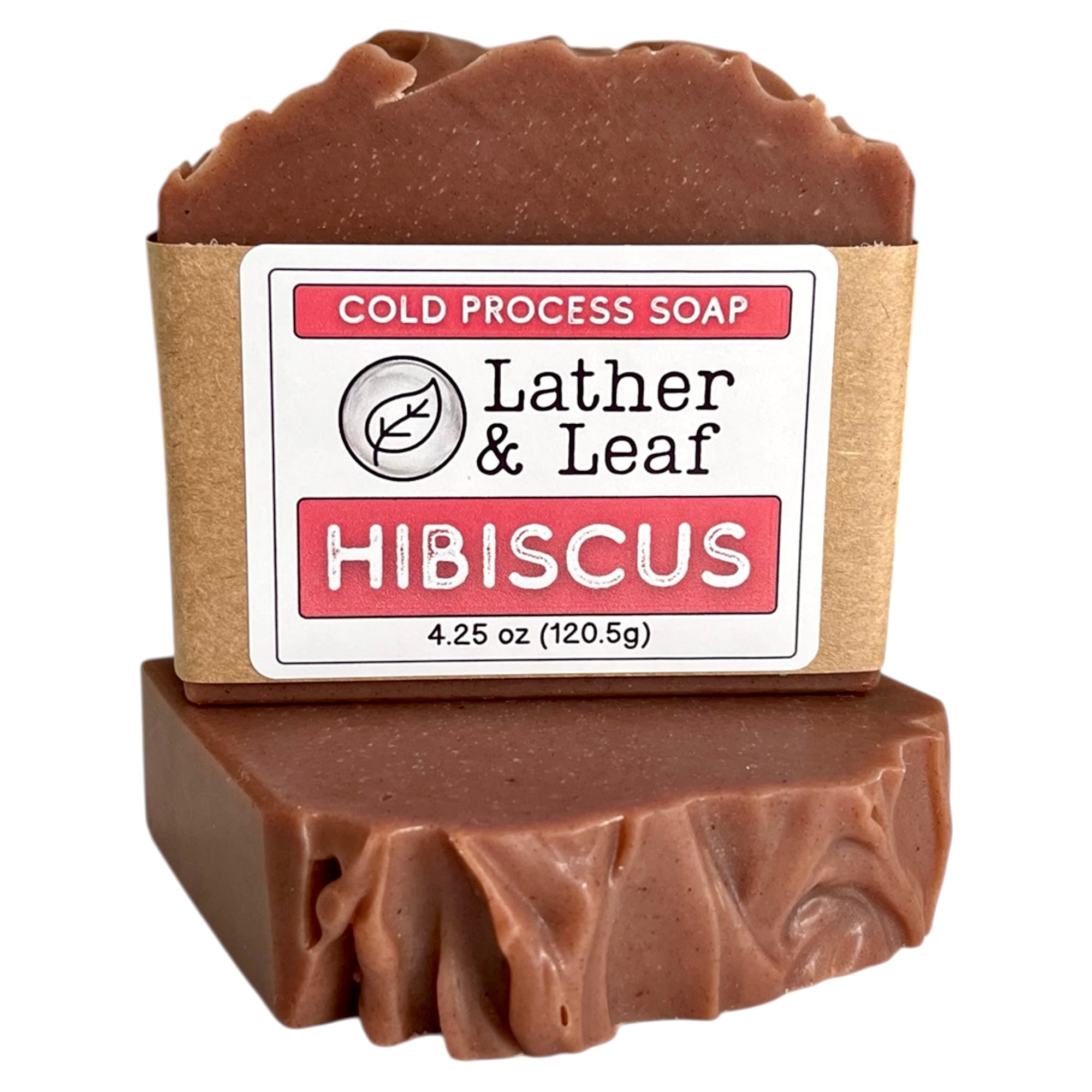 A bar of Hibiscus soap with Lather and Leaf label