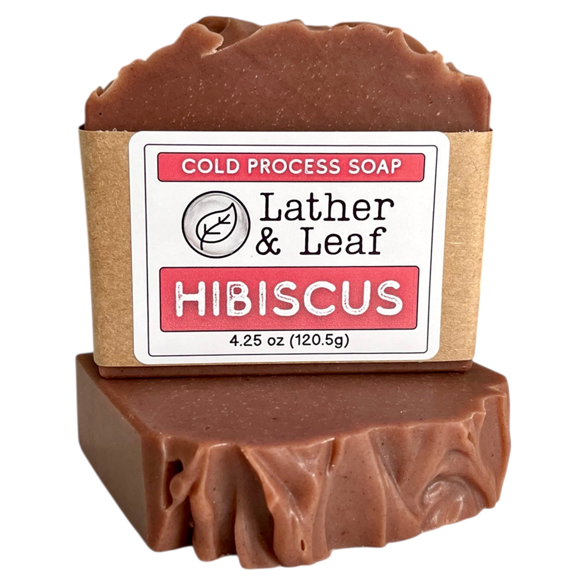 A bar of Hibiscus soap with Lather and Leaf label