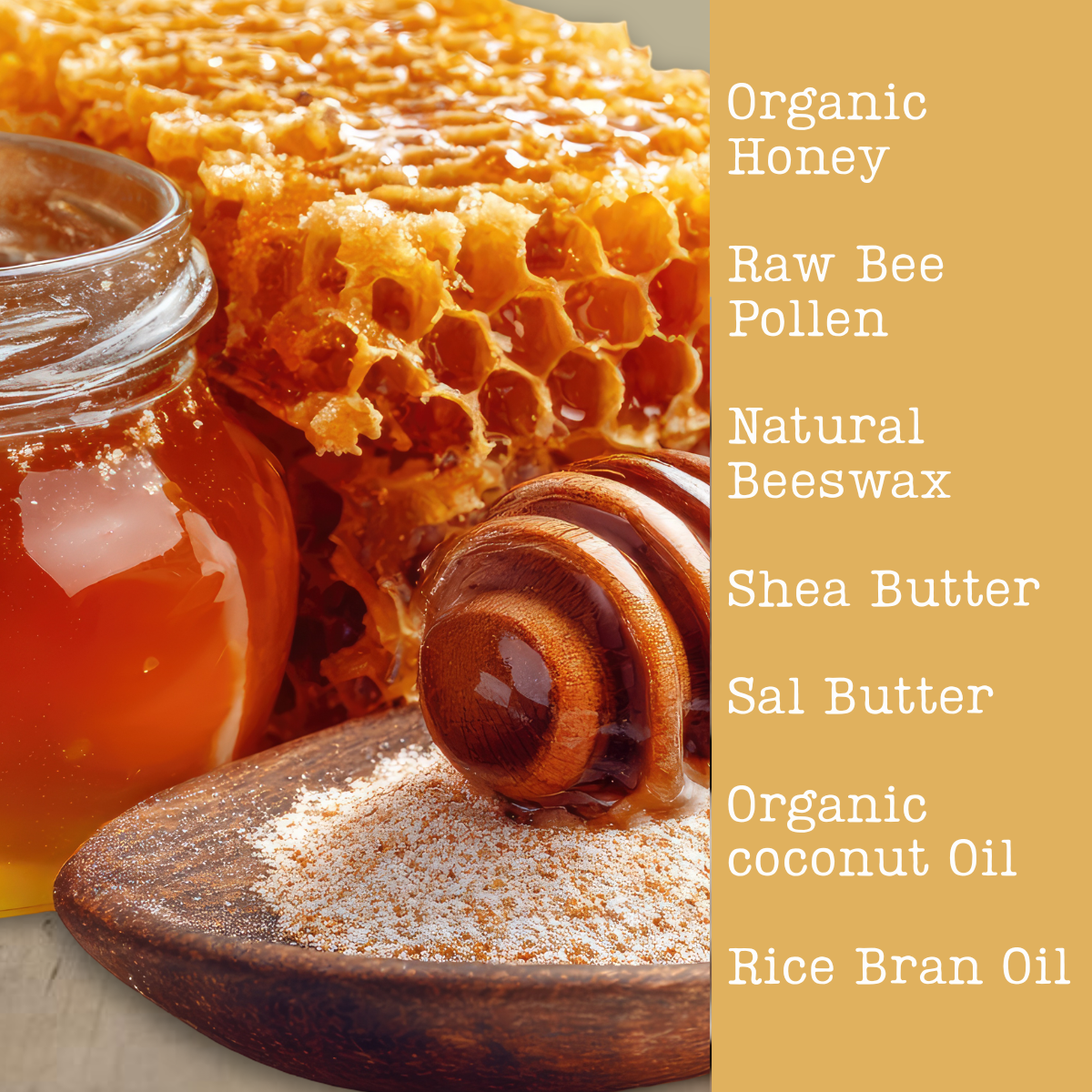 Honeycomb with honey, a jar of honey, and a wooden bowl with bee pollen on a light brown background with soap ingredients on the right.