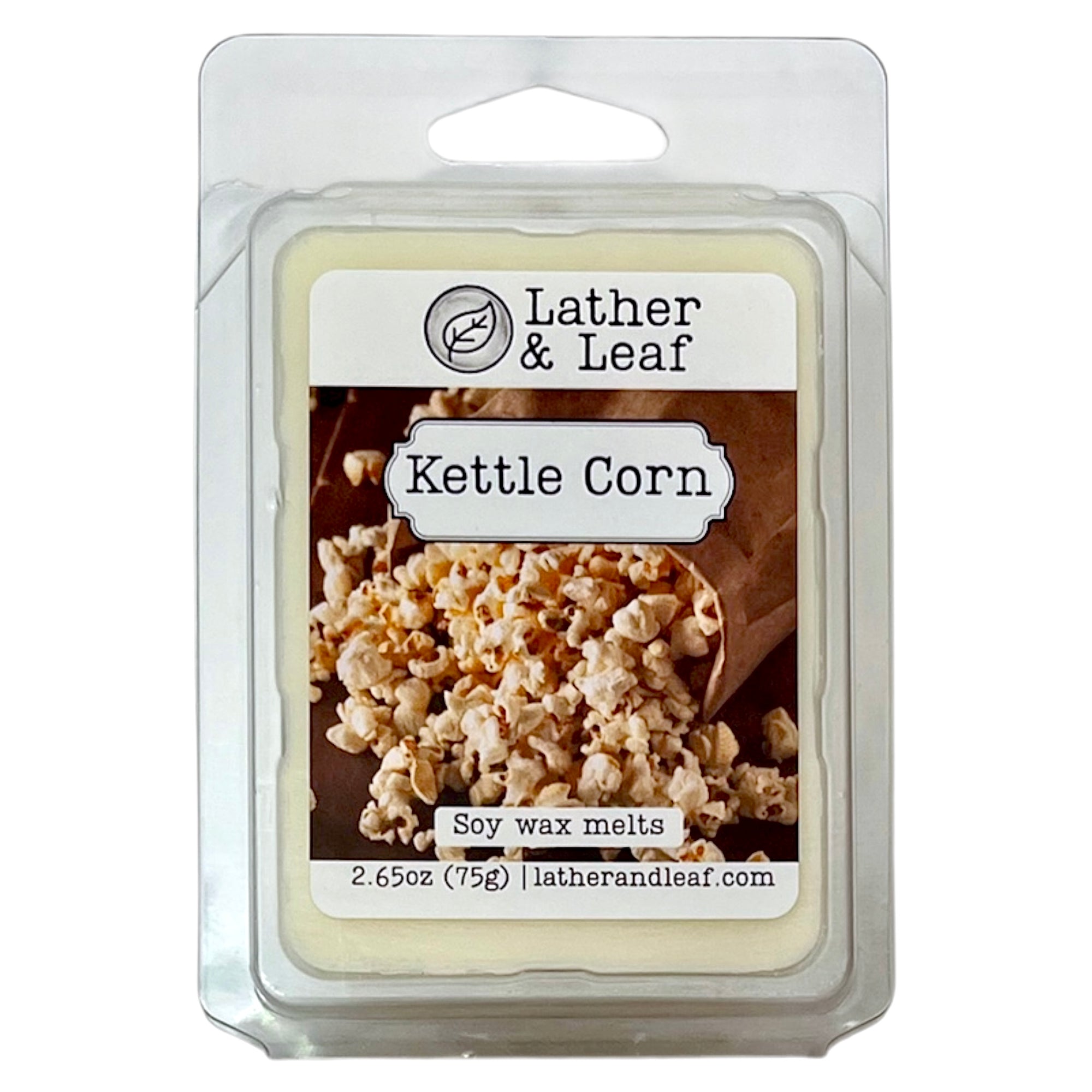 Lather & Leaf Kettle Corn soy wax melts packaging on a white background