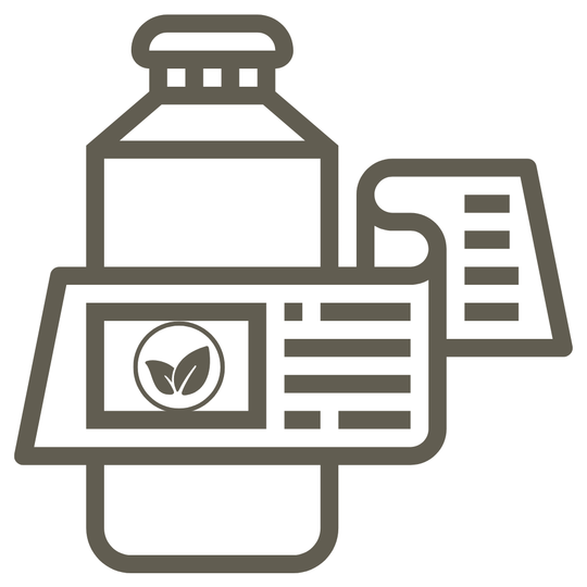 Icon of a bottle with packaging and label on a white background