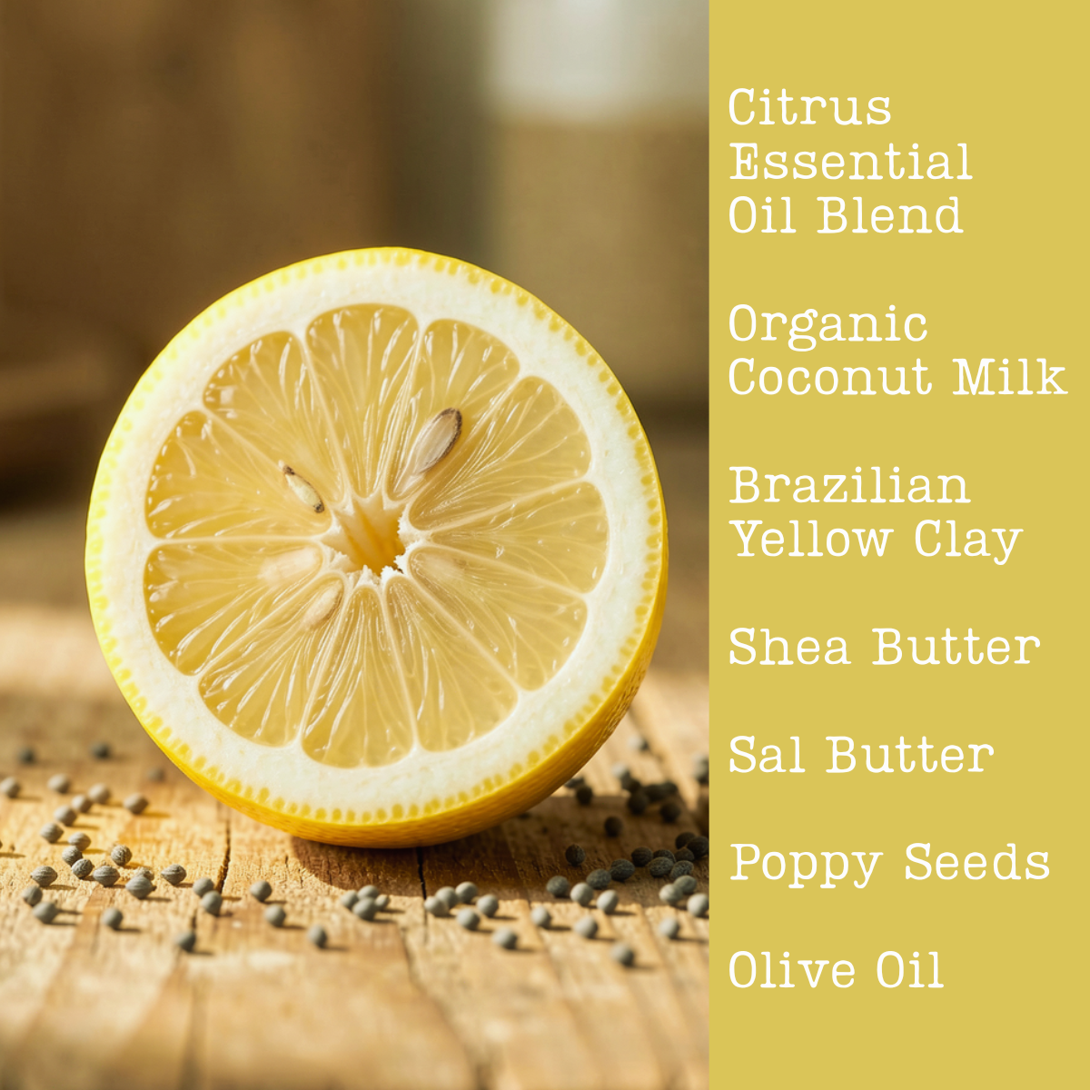 Sliced lemon on a wooden surface with poppy seeds and soap ingredients on the right.