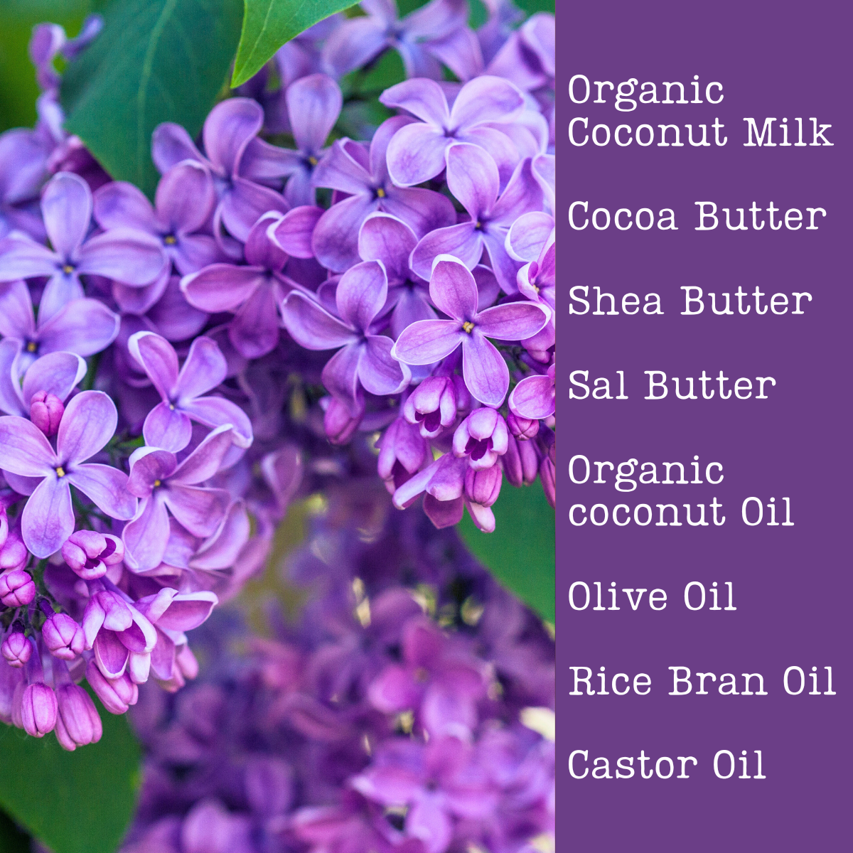 Purple lilac flowers with a list of natural soap ingredients on a purple background