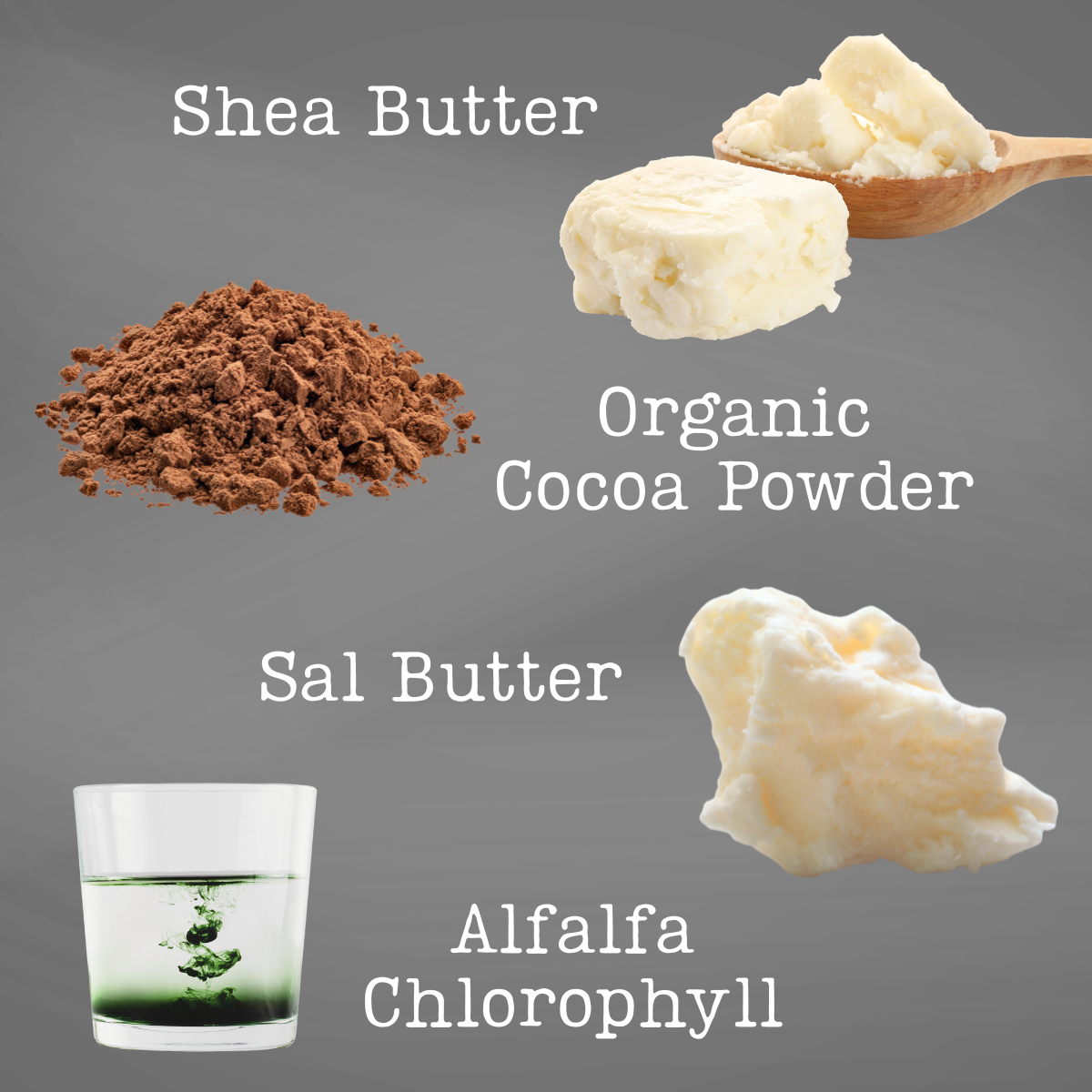 Shea butter, organic cocoa powder, sal butter, and alfalfa chlorophyll on a gray background with labels.