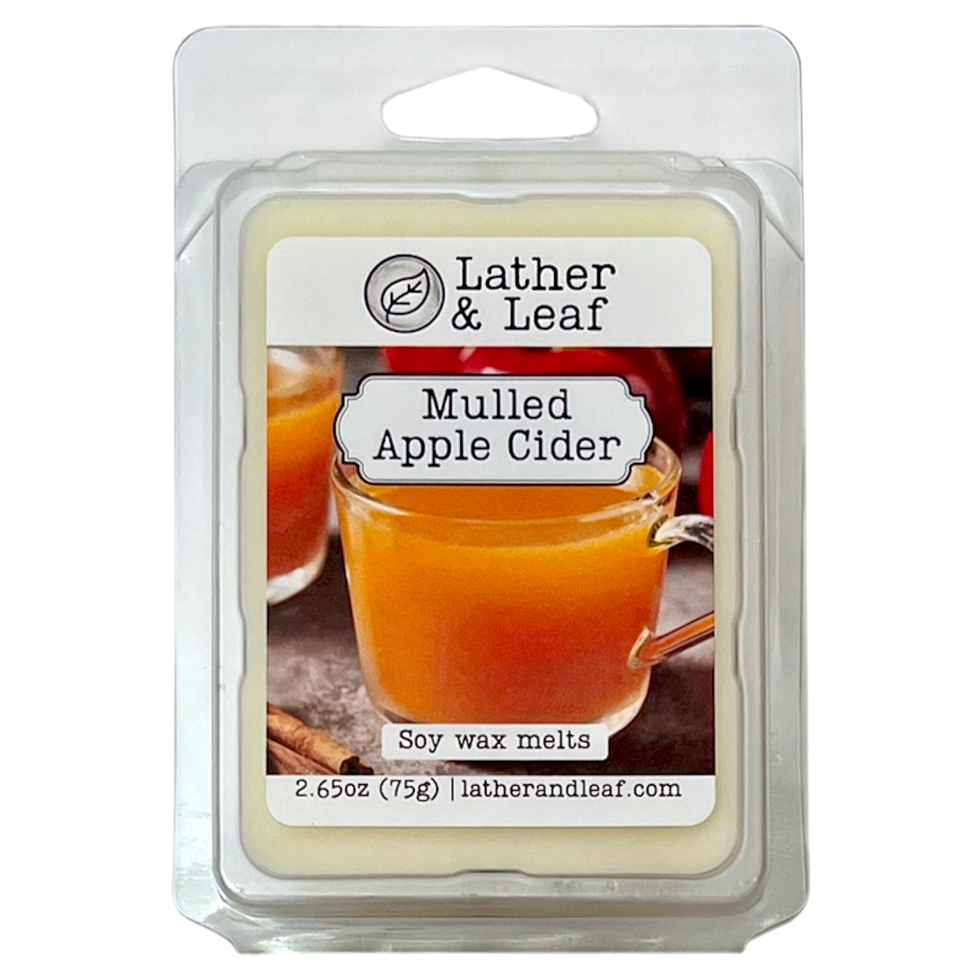 Lather & Leaf Mulled Apple Cider soy wax melts packaging with a glass of mulled apple cider and cinnamon sticks.
