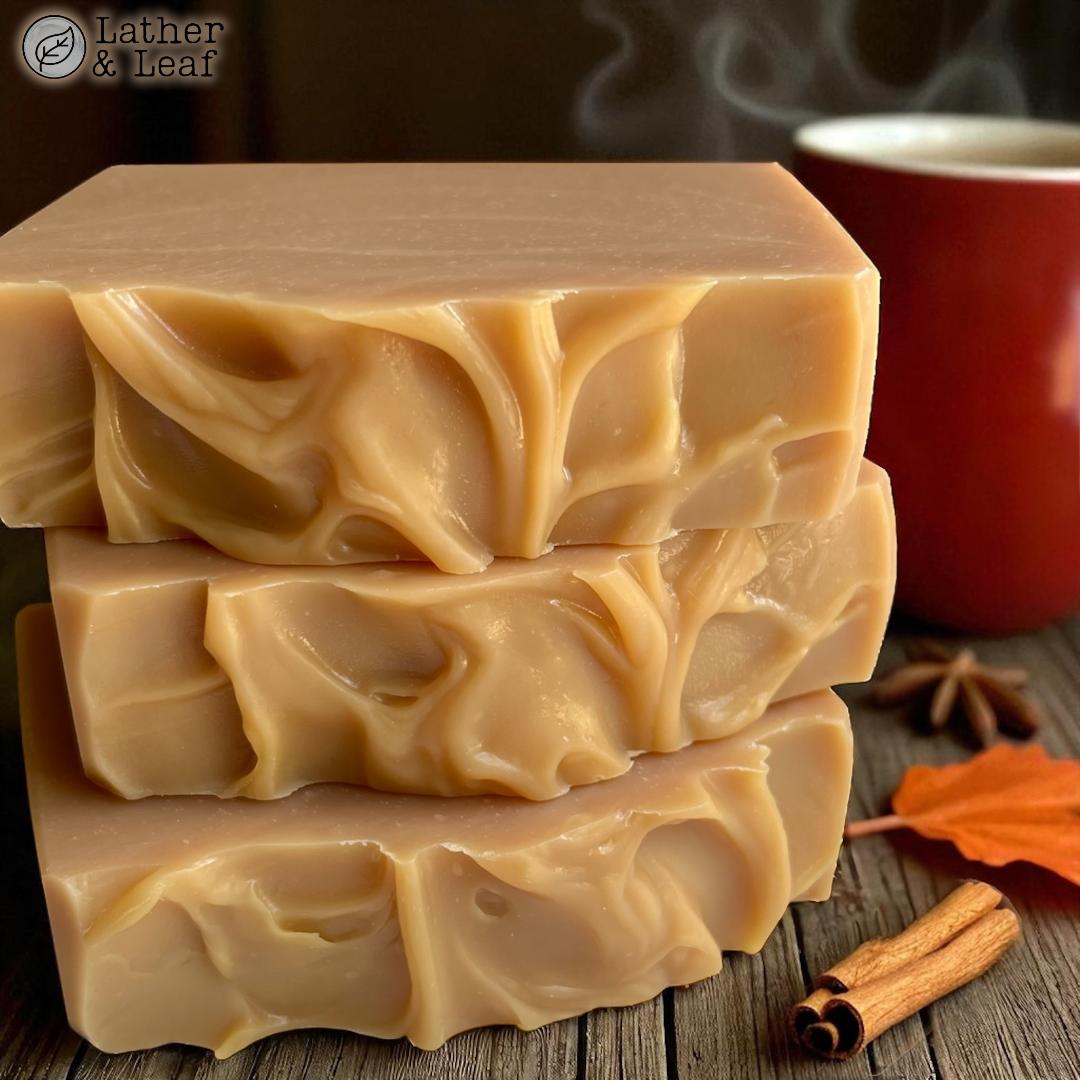 Mulled cider soap bars stacked on a table next to a warm mug of apple cider with cinnamon stick and autumn leaf