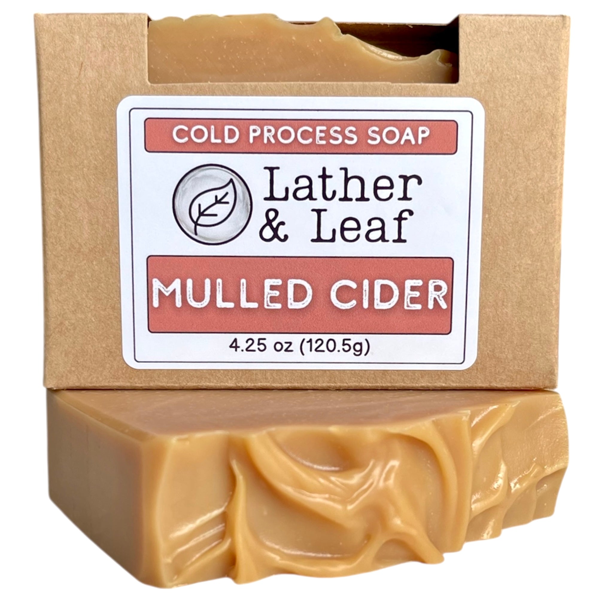Bar of Mulled Cider soap with 'Lather & Leaf' label on a white background