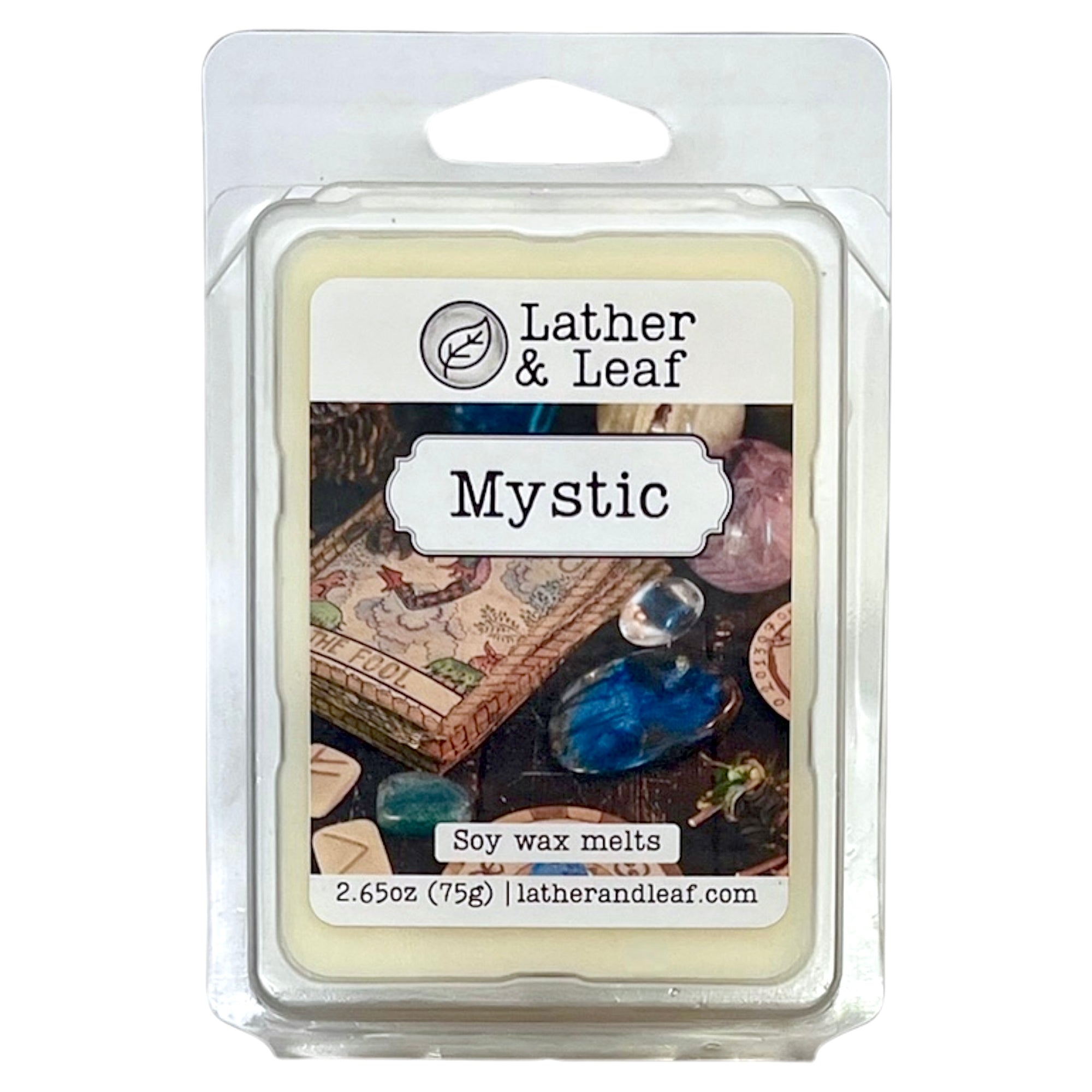 Lather & Leaf Mystic soy wax melts packaging on a white background