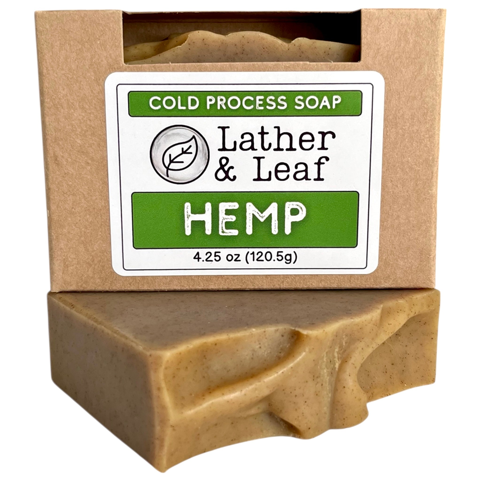 A  bar of hemp soap with a cardboard box labeled 'Lather & Leaf Hemp' on a white background