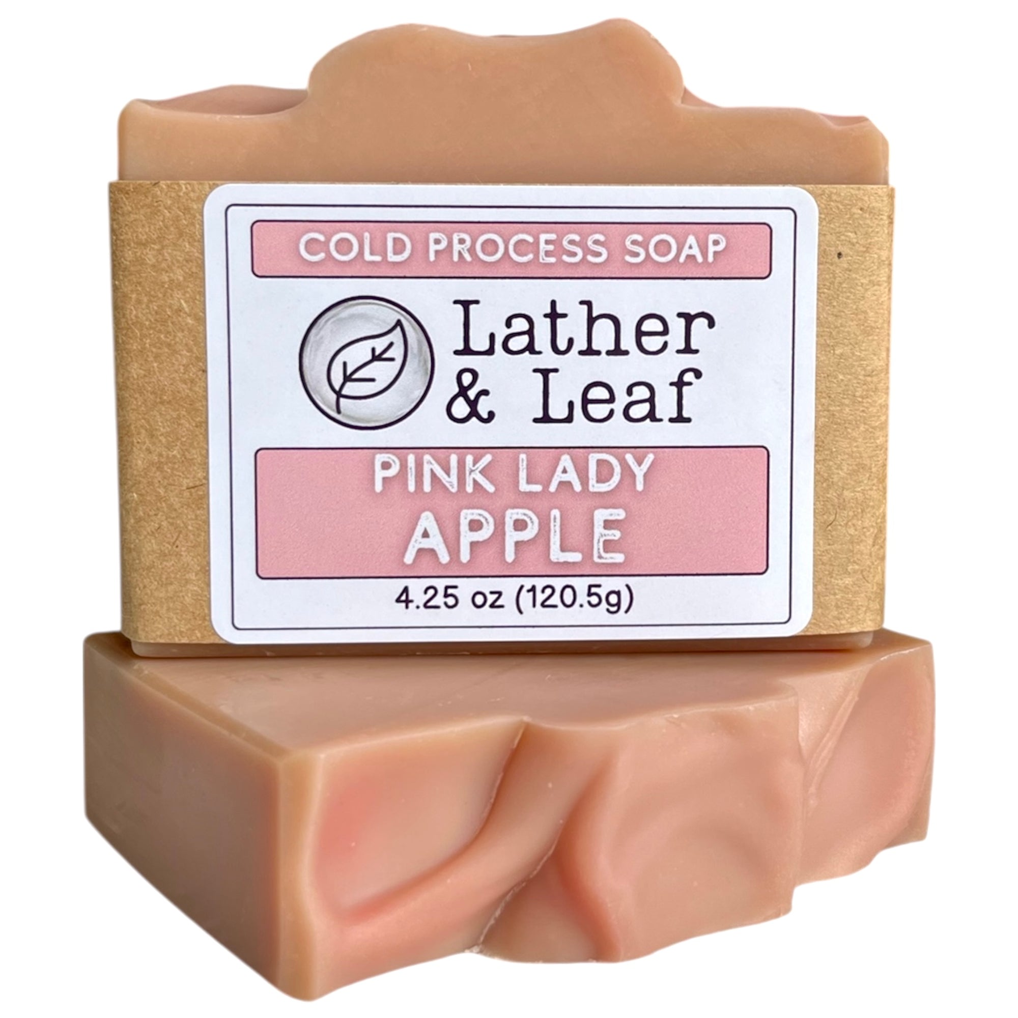 Bar of Pink Lady Apple soap with 'Lather & Leaf' label on a white background